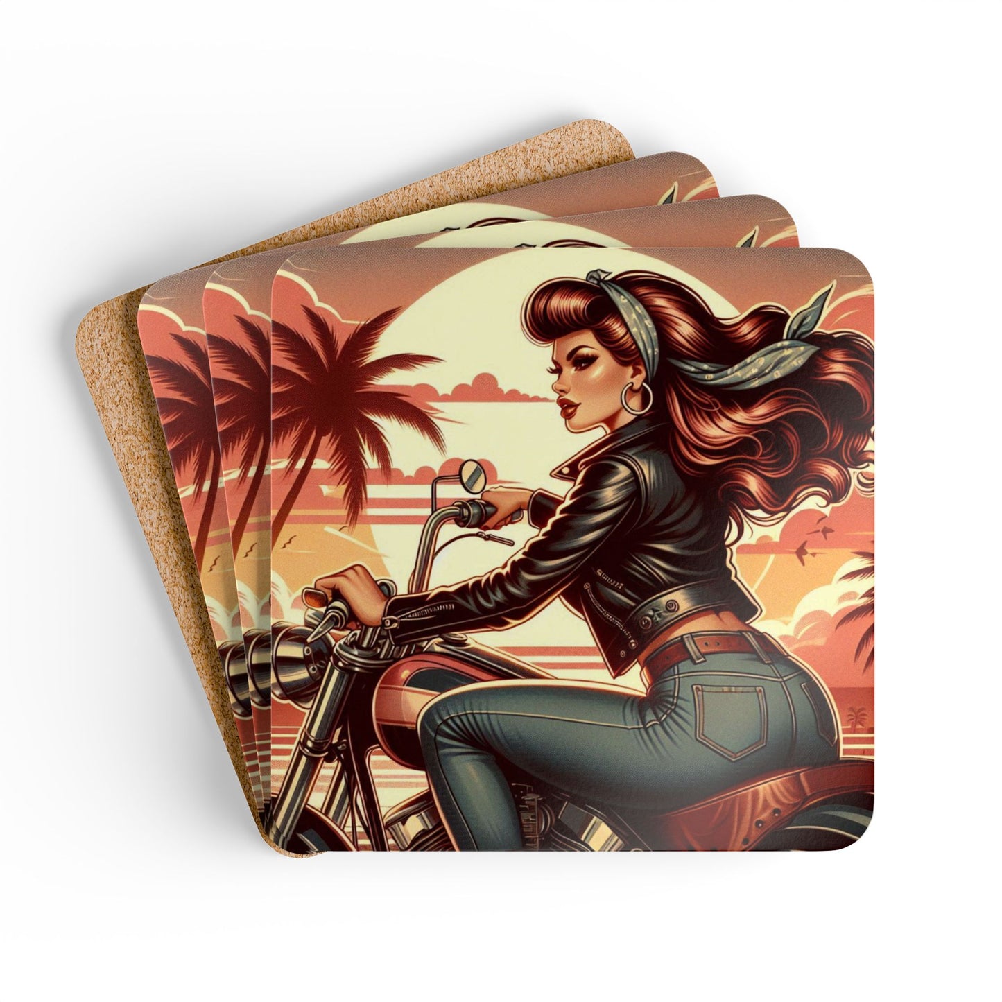 Coaster Set-Motorcycle Bar-Pinup Art-Man Cave