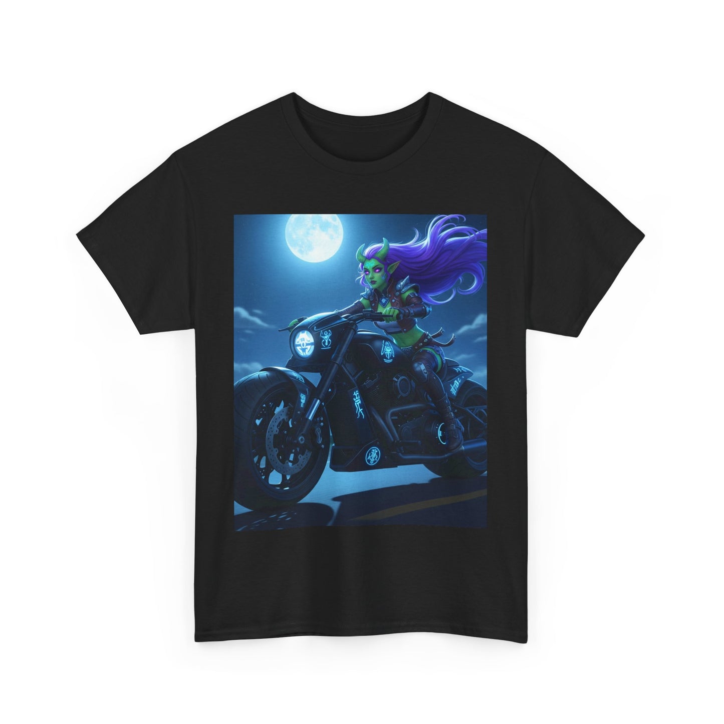 Moonlight Rider Unisex Heavy Cotton Tee, Biker Shirt, Motorcycle Enthusiast Tee, Halloween Shirt, Gift for Him/Her