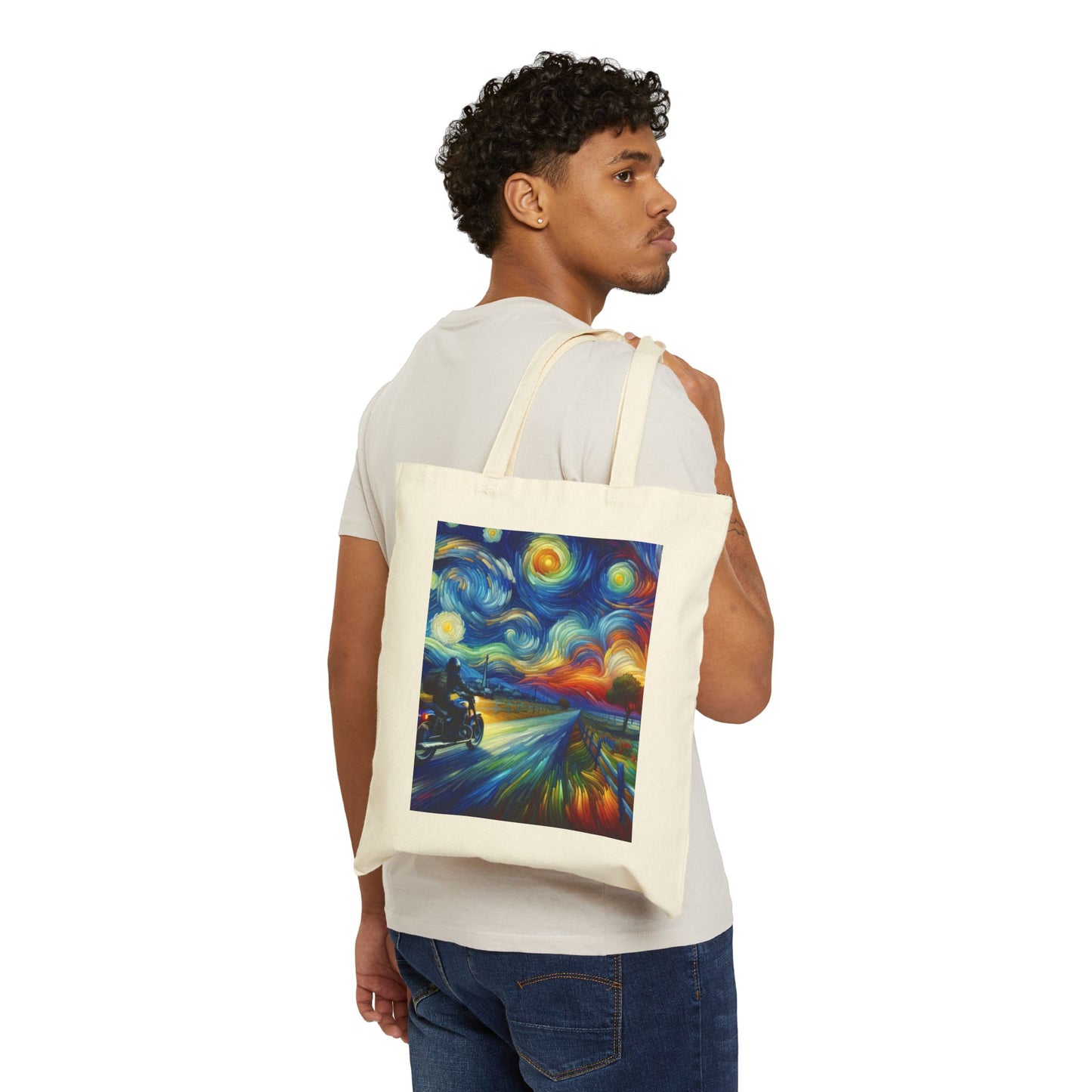 Canvas Tote Bag - Van Gogh Motorcycle Art- Reversible Ride to the Sun- Reflection Ride