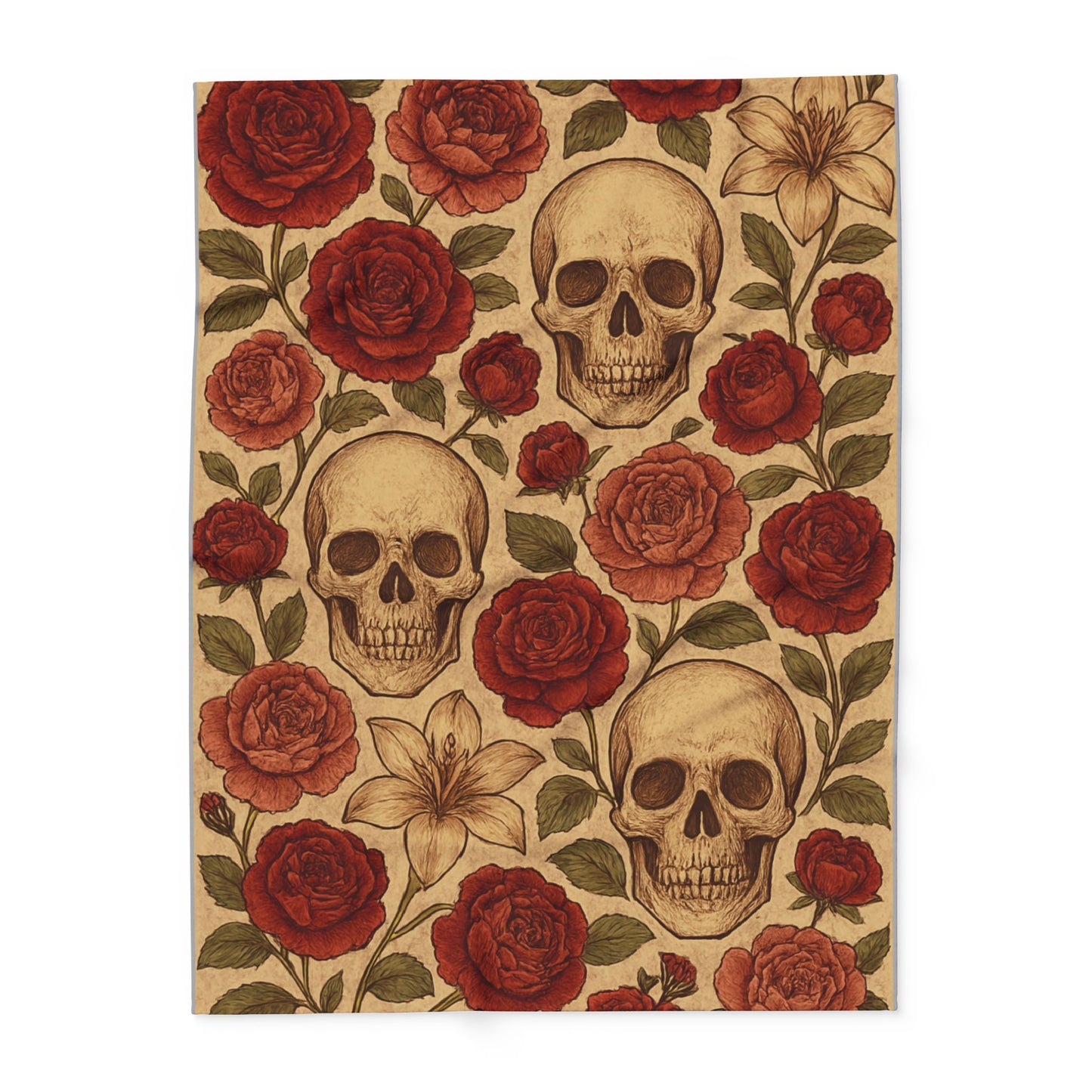 Fleece Blanket - Skulls and Floral Pattern in Creams and Reds
