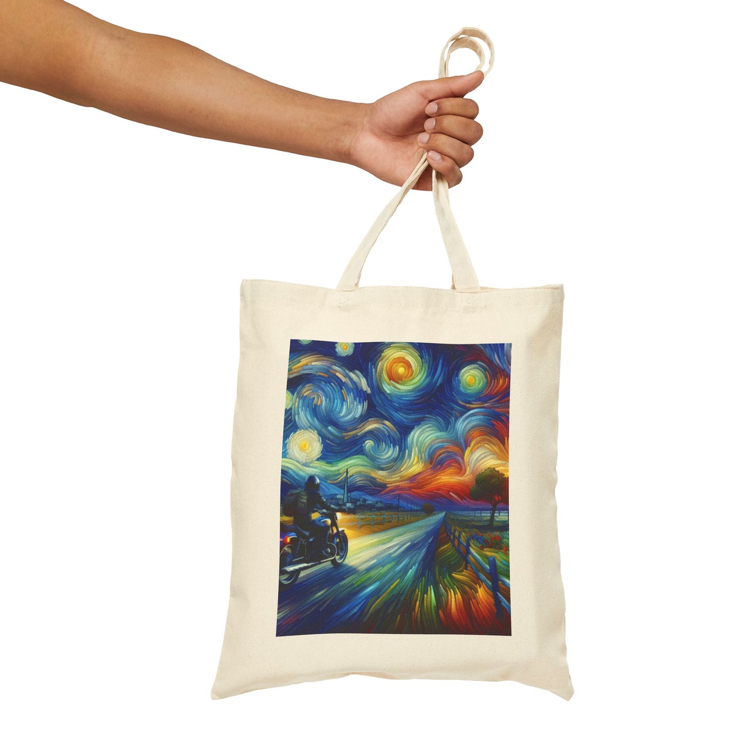 Canvas Tote Bag - Van Gogh Motorcycle Art- Reversible Ride to the Sun- Reflection Ride