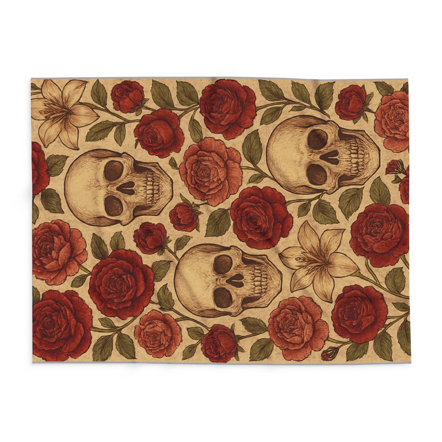 Fleece Blanket - Skulls and Floral Pattern in Creams and Reds