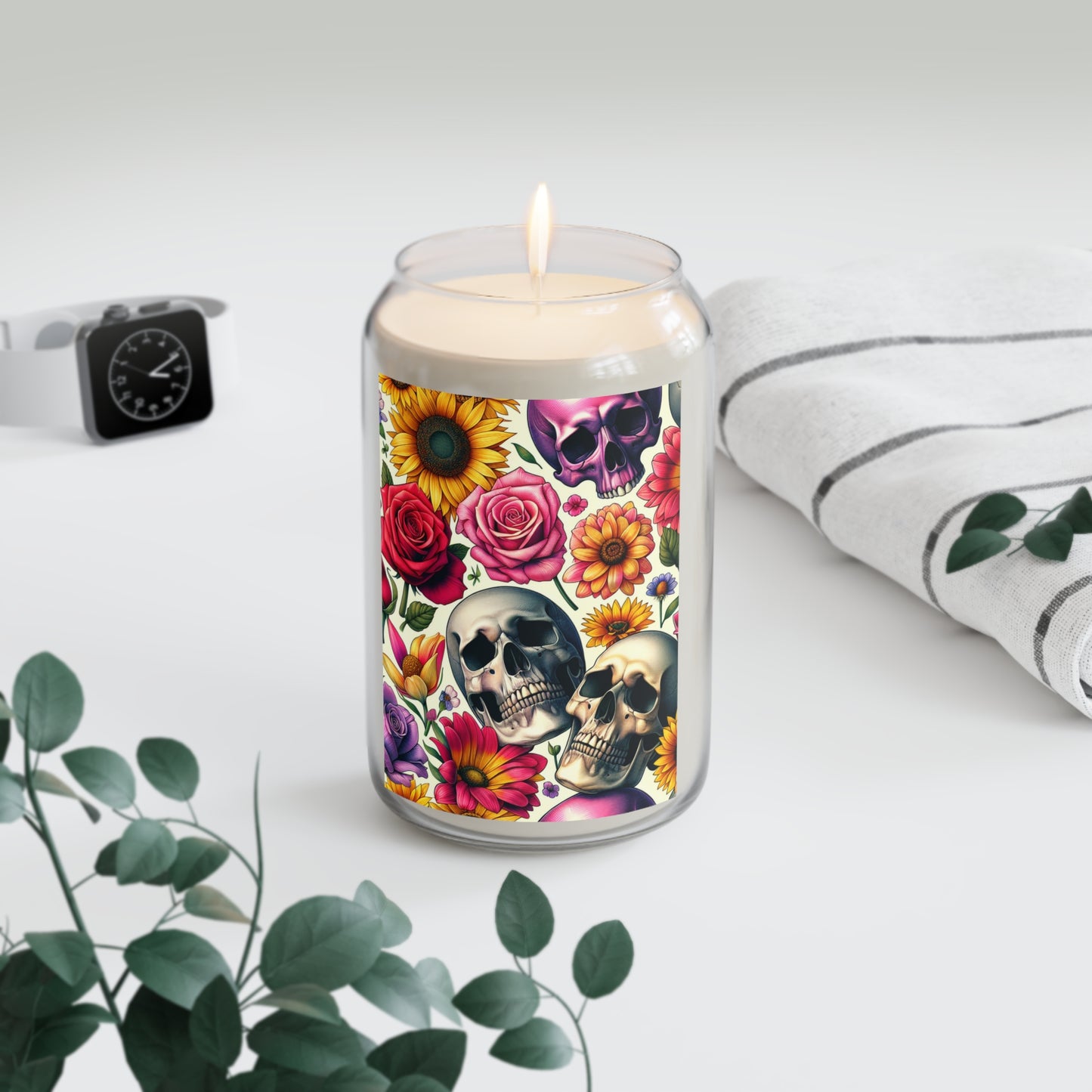 Gothic Floral Scented Candle, Skull Decor, Boho Home Accent, Aromatherapy Gift, Halloween Decor, Unique Birthday Present