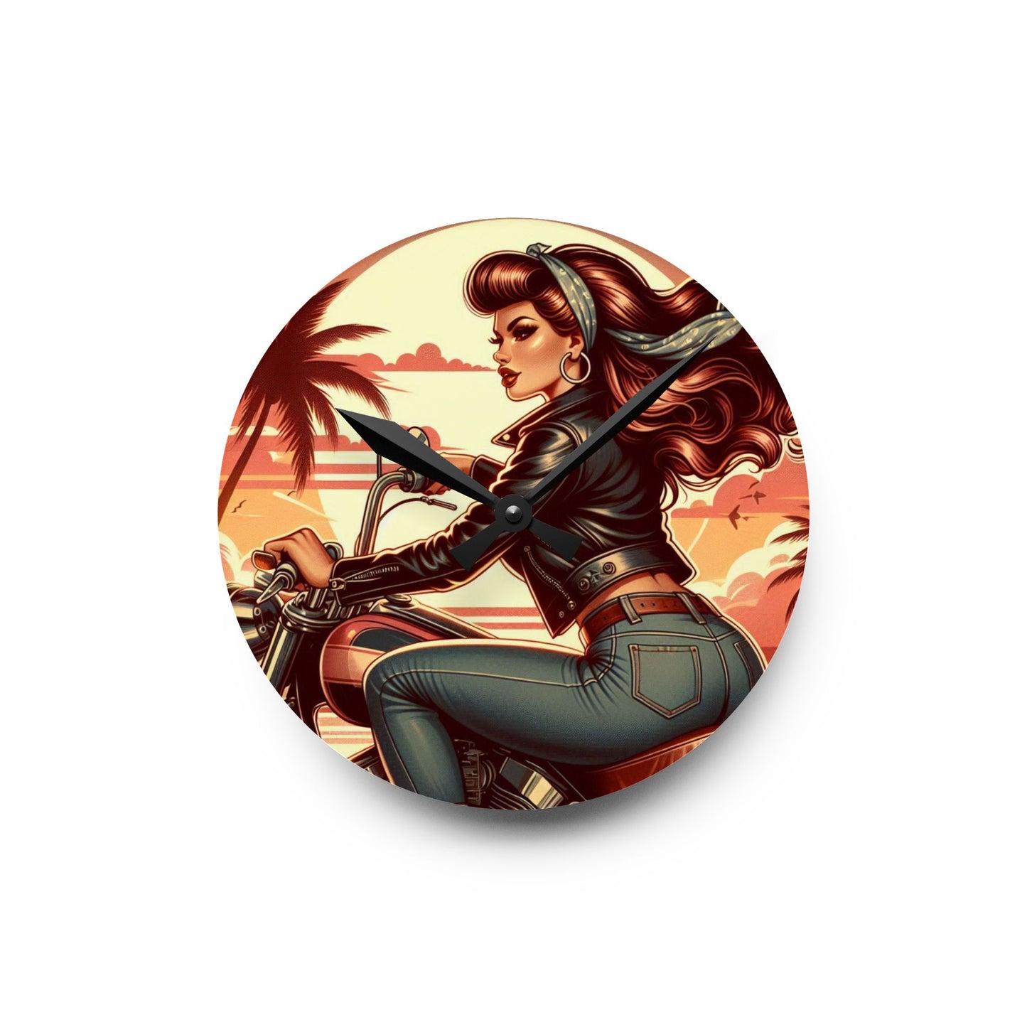 Acrylic Wall Clock - Girl Motorcycle Riding at the Beach
