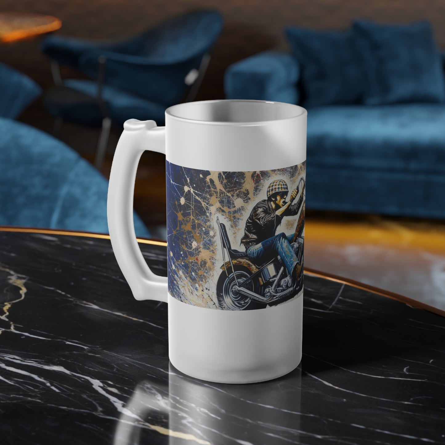 Frosted Glass Beer Mug | Vintage Motorcycle Design | Perfect Gift for Bikers