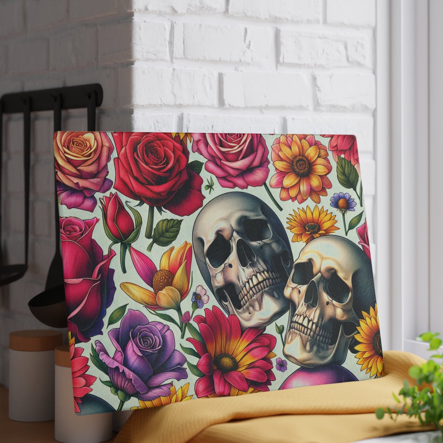 Glass Cutting Board –Floral Skull Gothic Boho Kitchen Decor & Gift