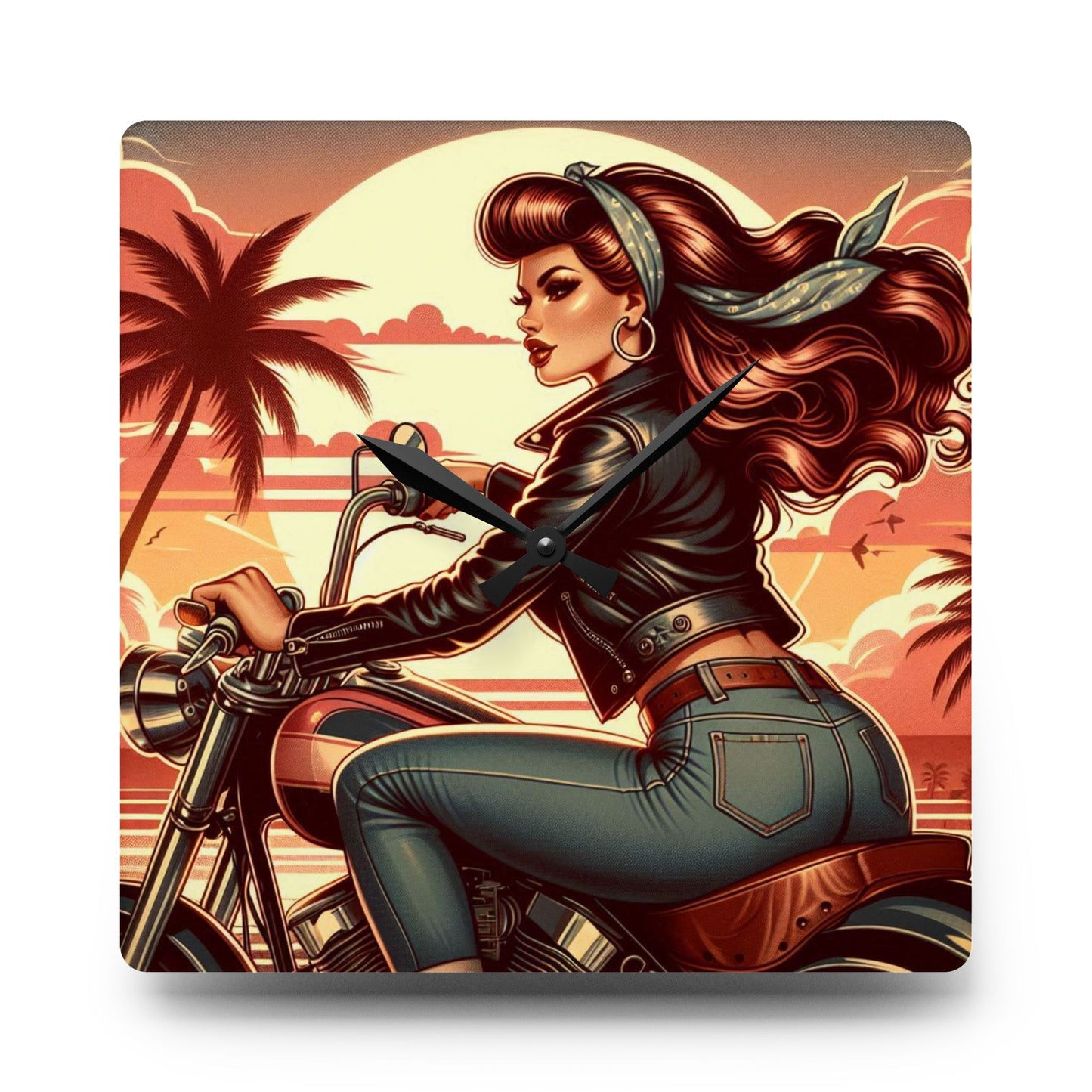 Acrylic Wall Clock - Girl Motorcycle Riding at the Beach