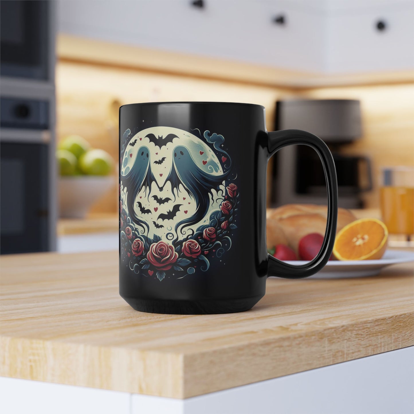 Mug - Halloween and Valentines Mix - Ghosts, Flowers, Bats, Hearts - 15oz