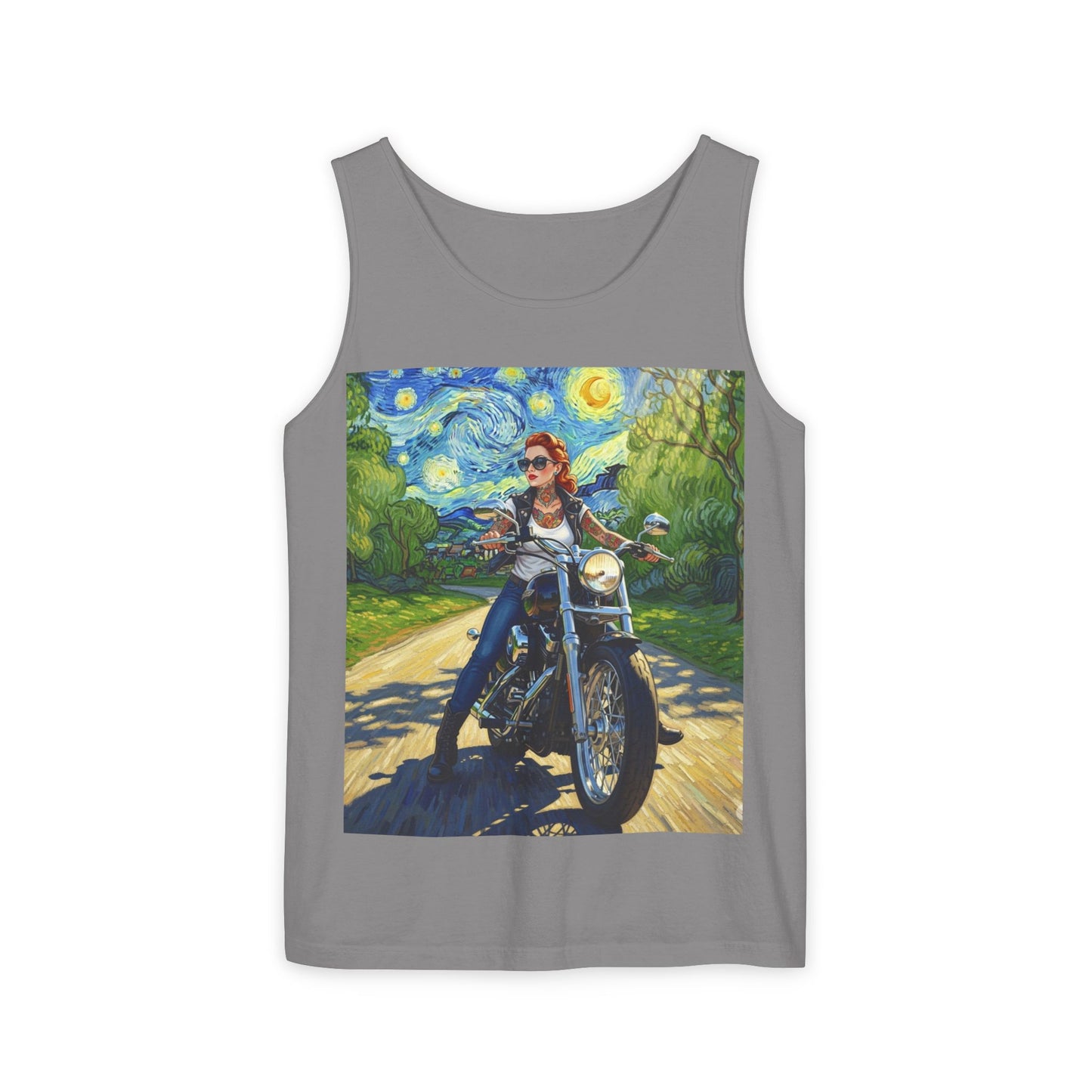 Vibrant Motorcycle Art Tank Top, Unisex Summer Tee, Biker Gift, Vintage Style Clothing, Casual Throwback Fashion, Perfect for Rides