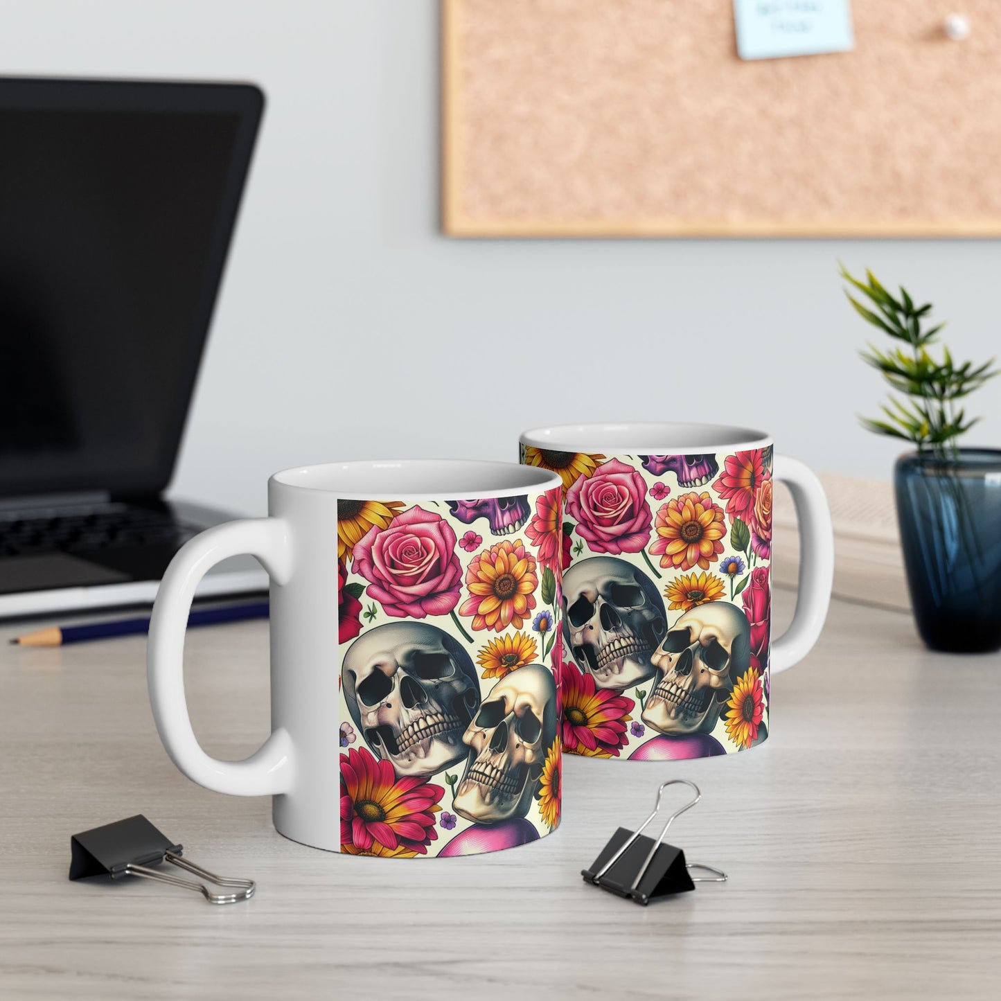Stylish Floral Skull Mug, Unique Coffee Cup, Gothic Floral Drinkware, Perfect Gift for Birthdays, Home Decor, Halloween