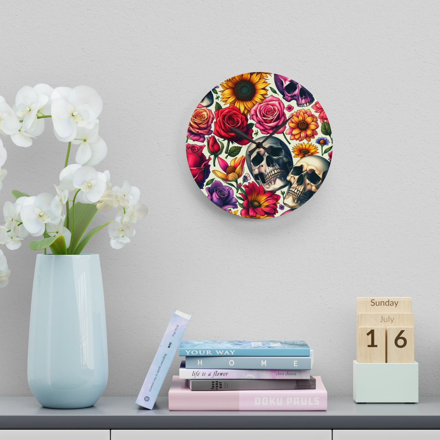 Acrylic Wall Clock-Skulls and Roses Pattern-Kitchen Clock