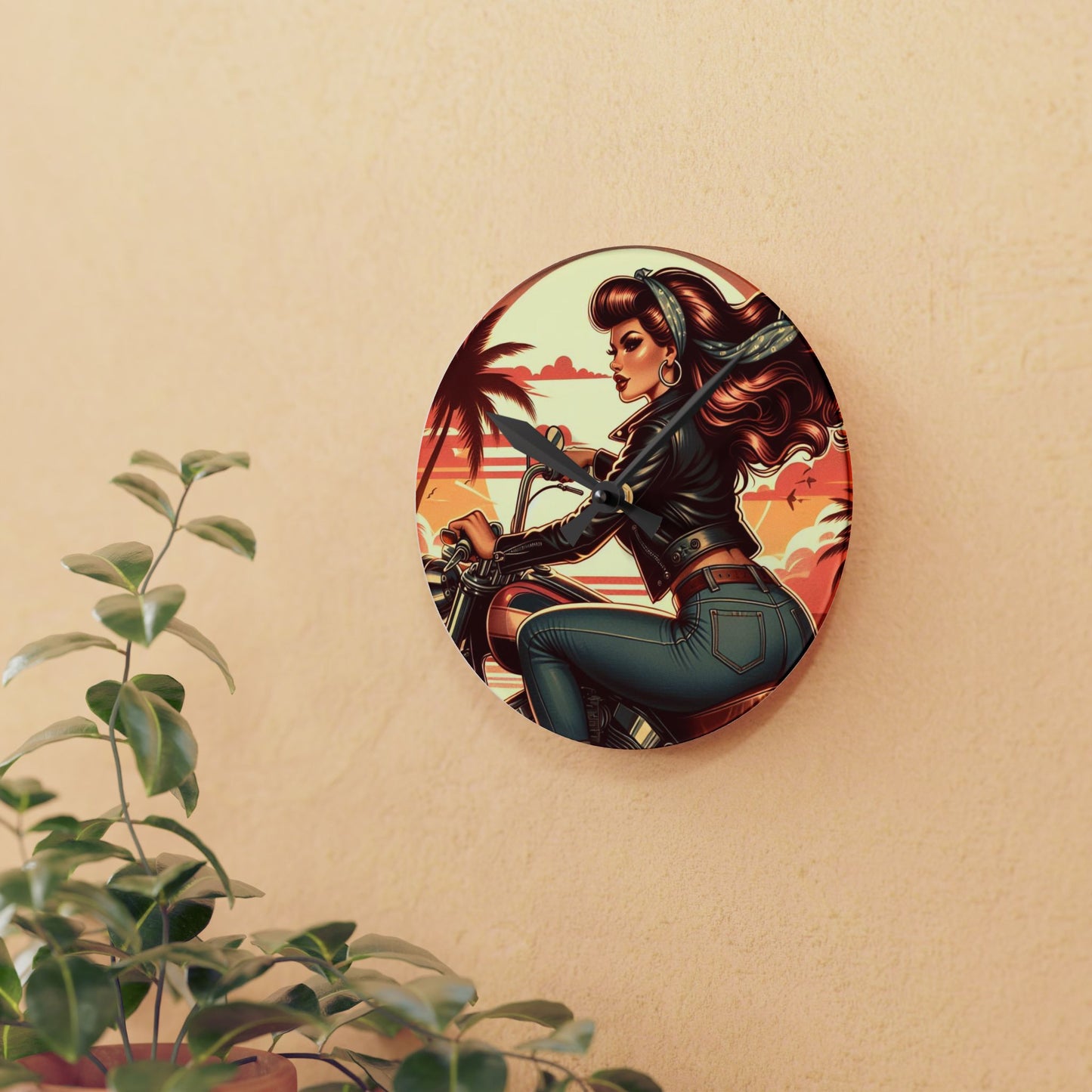 Acrylic Wall Clock - Girl Motorcycle Riding at the Beach