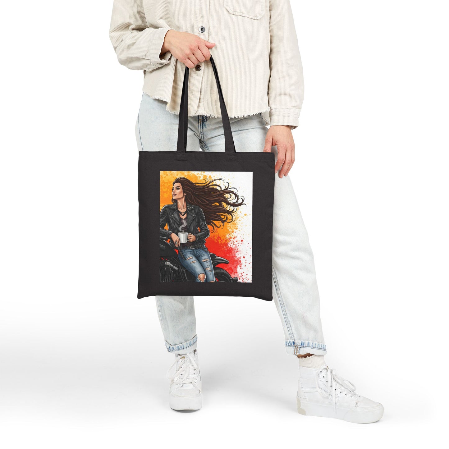 Edgy Biker Tote Bag, Stylish Canvas Bag, Coffee Lovers Tote, Gift for Bikers, Chic Reusable Shopping Bag