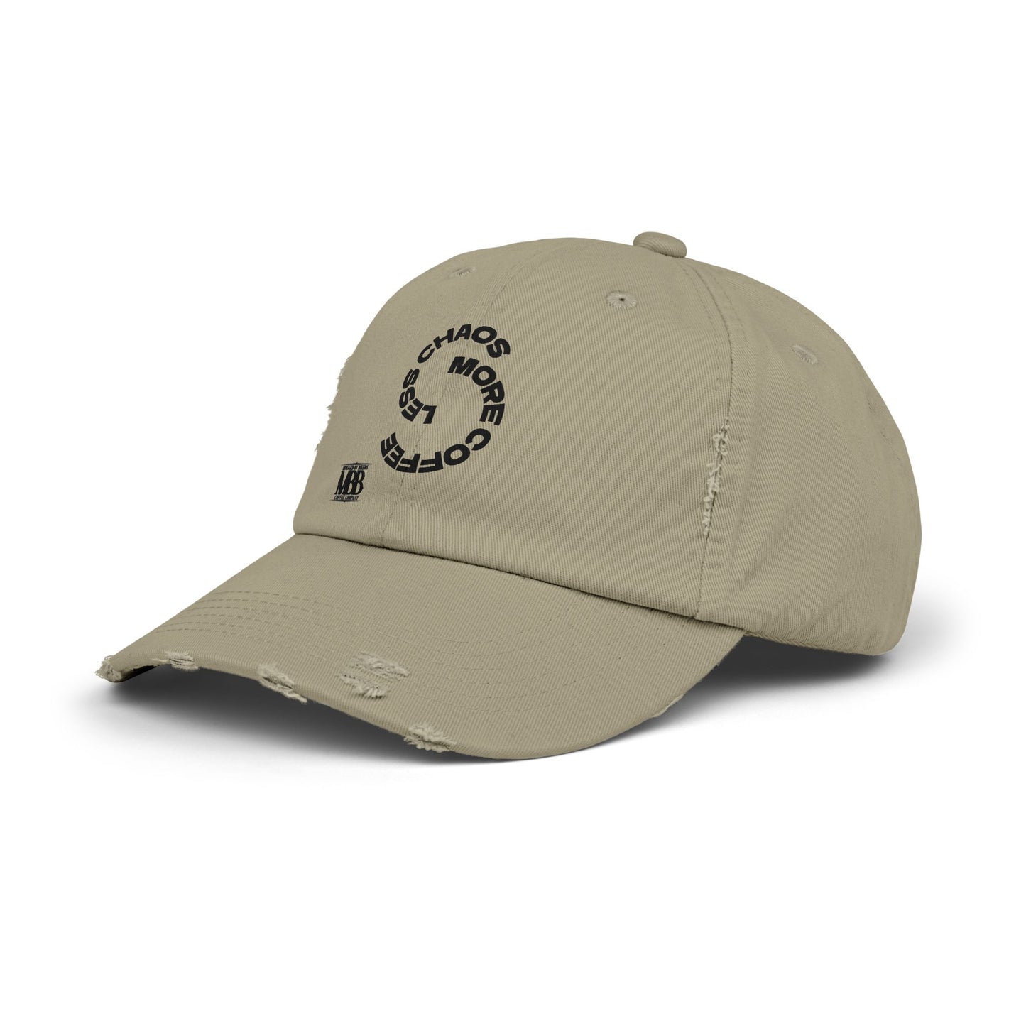 Distressed Unisex Cap with 'Less Chaos More Coffee' Design, Casual Headwear, Gift for Coffee Lovers, Trendy Hat, Relaxed Fit Cap