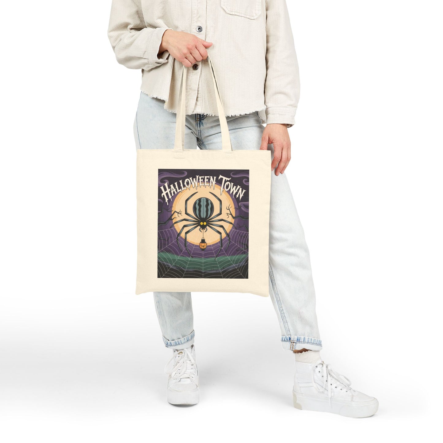 Halloween-Themed Cotton Canvas Tote Bag, Trick or Treat Bag, Spider Design Market Tote, Ghoul's Day Gift, Eco-Friendly Halloween Tote