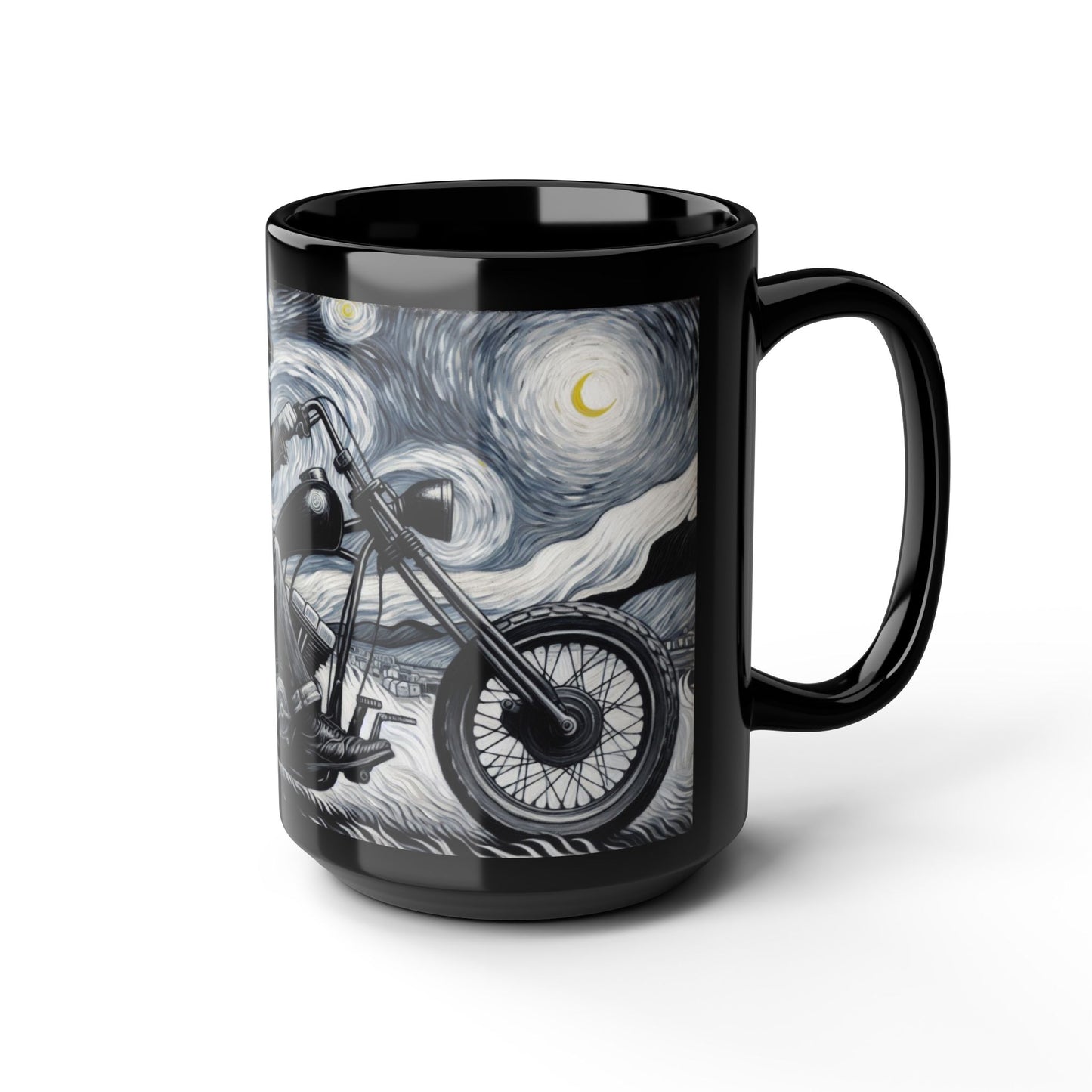 Starry Night Motorcycle Black Mug - 15oz Ceramic Coffee Cup for Bikers & Art Lovers