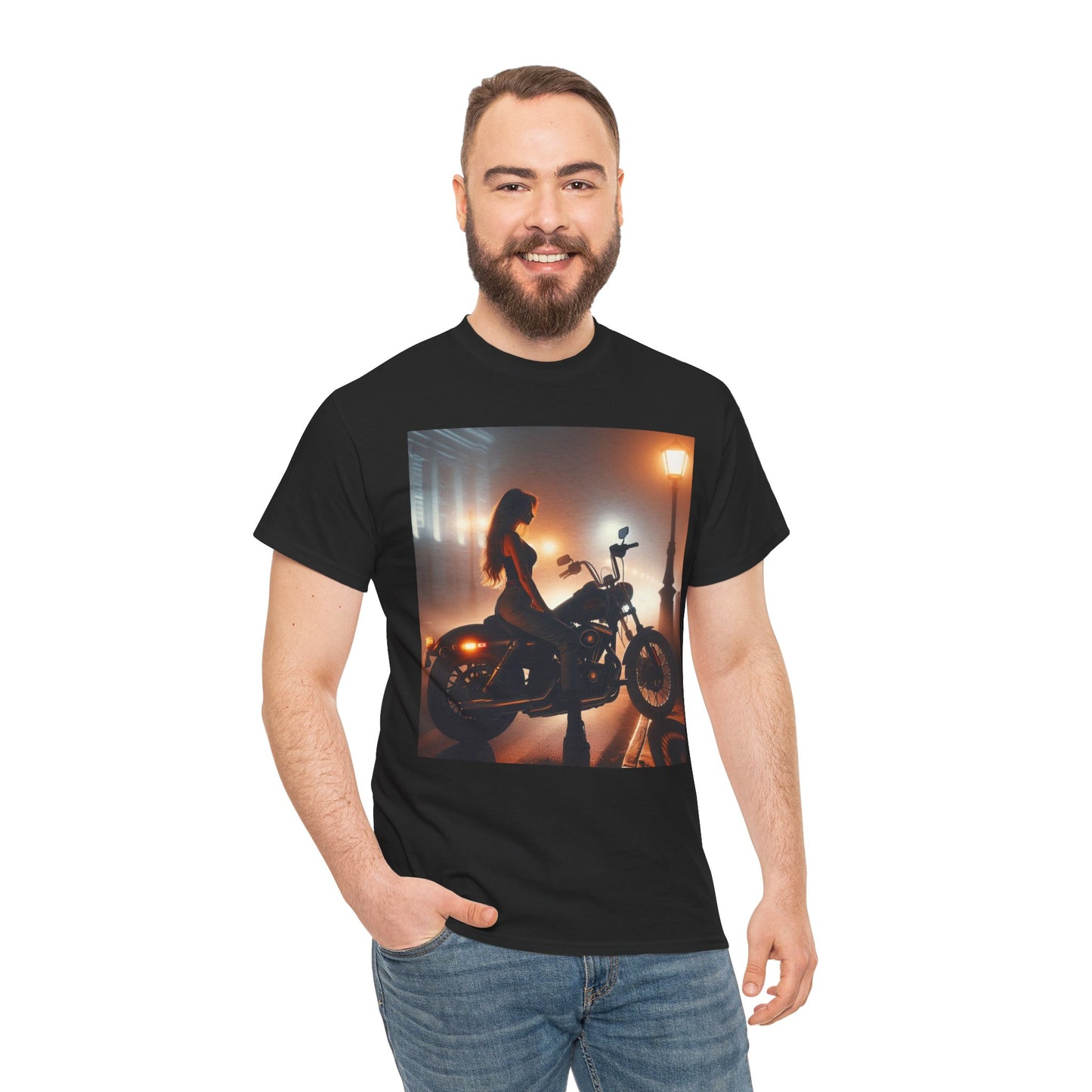T-Shirt Pinup Biker Nighttime City Scene Unisex Heavy Cotton Tee
