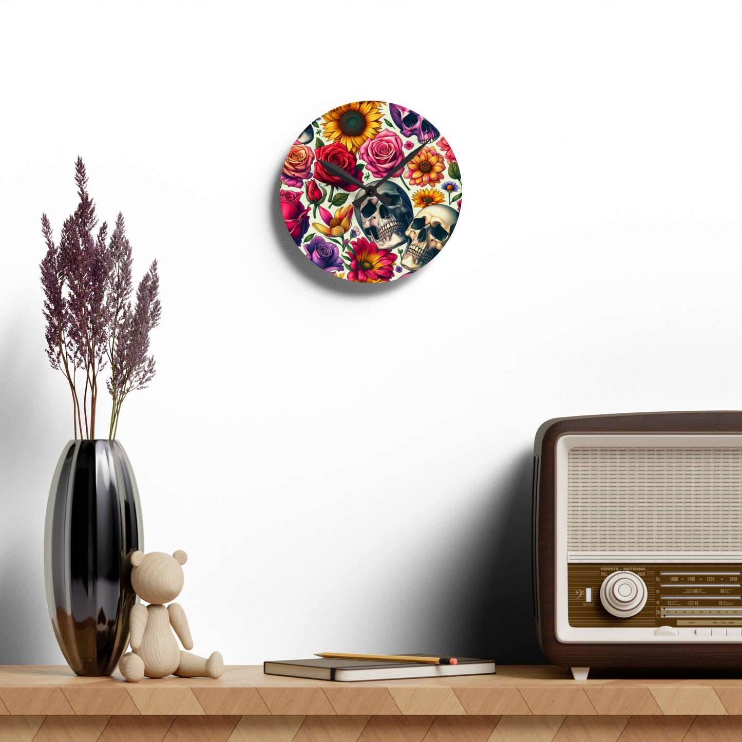 Acrylic Wall Clock-Skulls and Roses Pattern-Kitchen Clock
