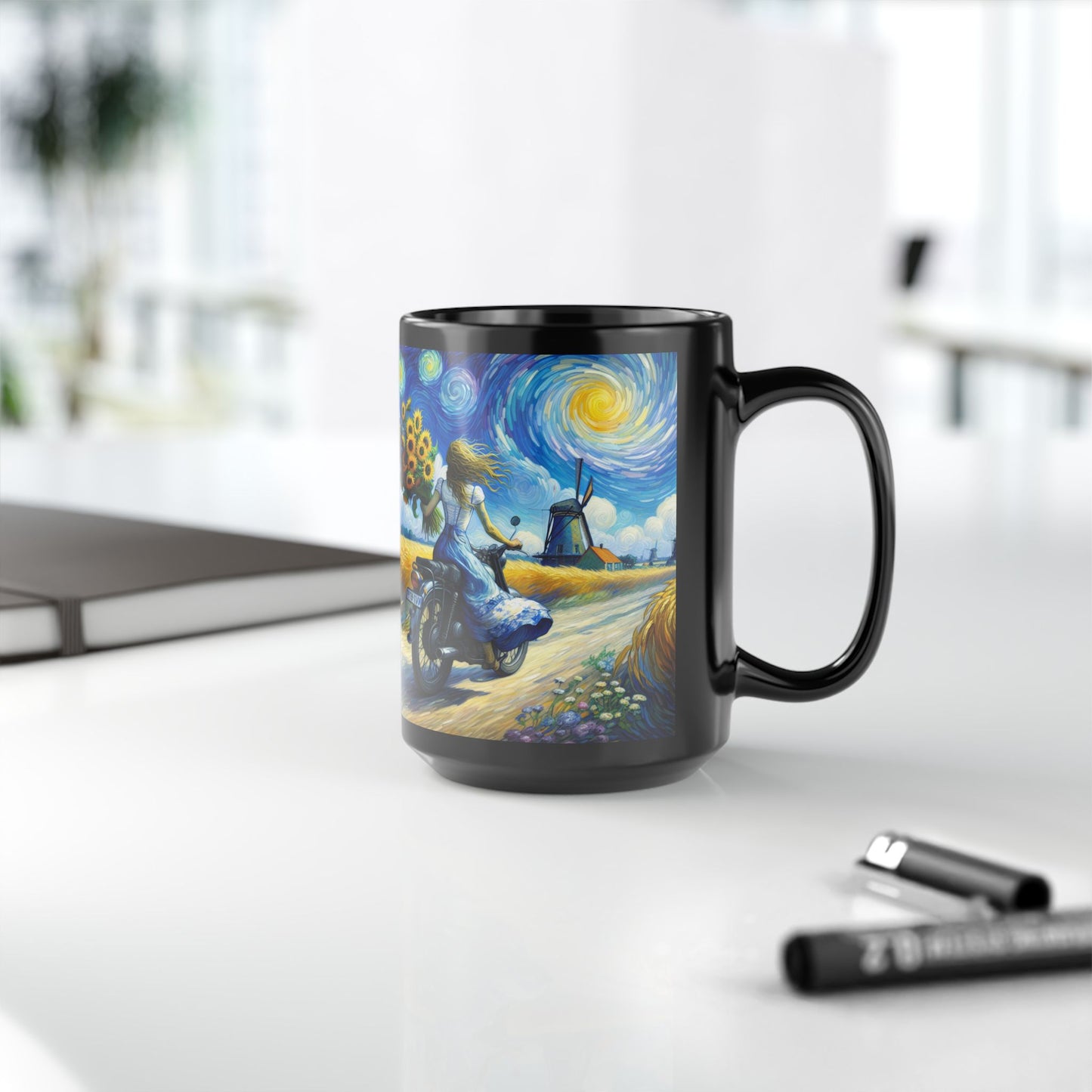 Van Gogh Inspired Artistic 15oz Black Mug - Vintage Inspired Sunflower & Motorcycle Design