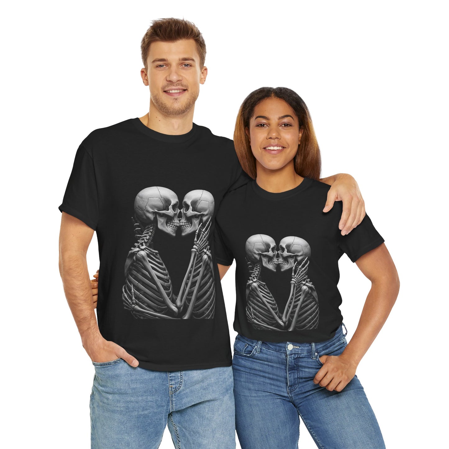Romantic Skeleton Kiss Tee, Unisex Graphic T-Shirt, Funny Halloween Shirt, Spooky Couple Gift, Skeleton Lovers Apparel
