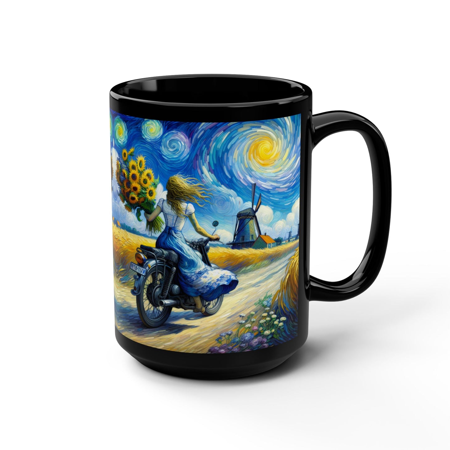 Van Gogh Inspired Artistic 15oz Black Mug - Vintage Inspired Sunflower & Motorcycle Design
