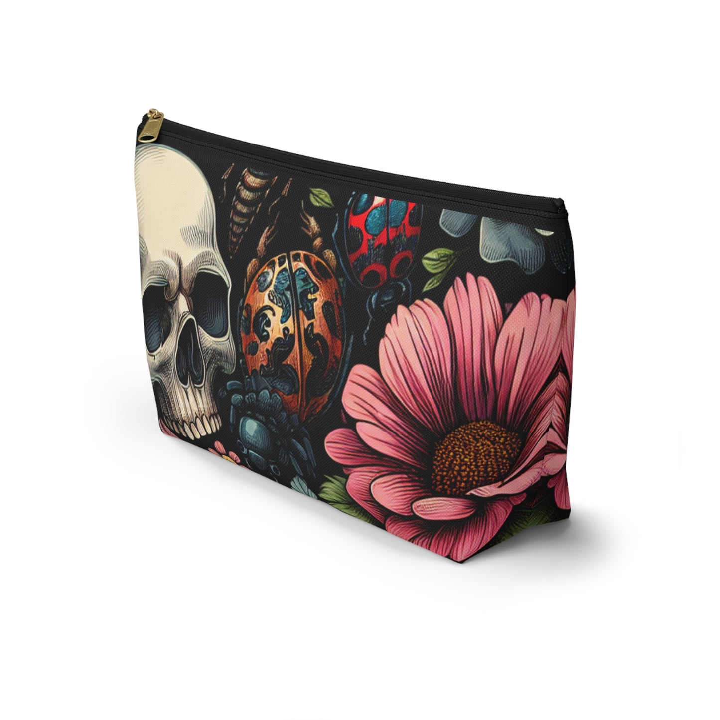Gothic Floral Accessory Pouch, Makeup Bag, Travel Organizer, Gift for Her, Skull Design, Halloween Accessories, Motorcycle Bag