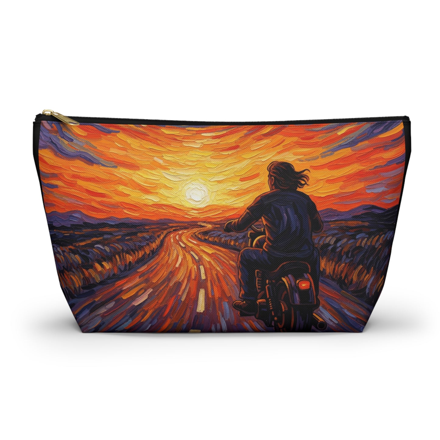 Motorcycle Sunset Accessory Pouch, Travel Makeup Bag, Gift for Bikers, Sunset Design Pouch, Motorcycle Lover Gift
