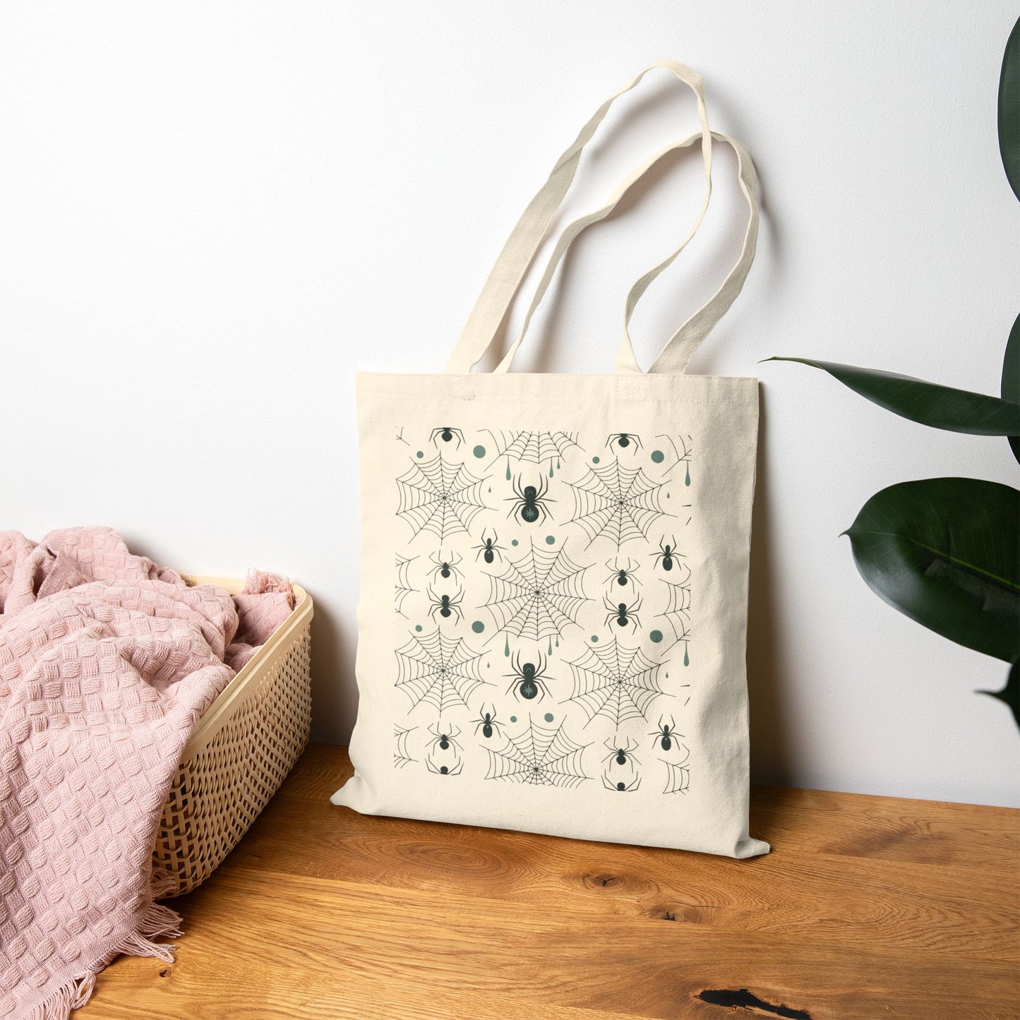 Halloween-Themed Cotton Canvas Tote Bag, Trick or Treat Bag, Spider Design Market Tote, Ghoul's Day Gift, Eco-Friendly Halloween Tote