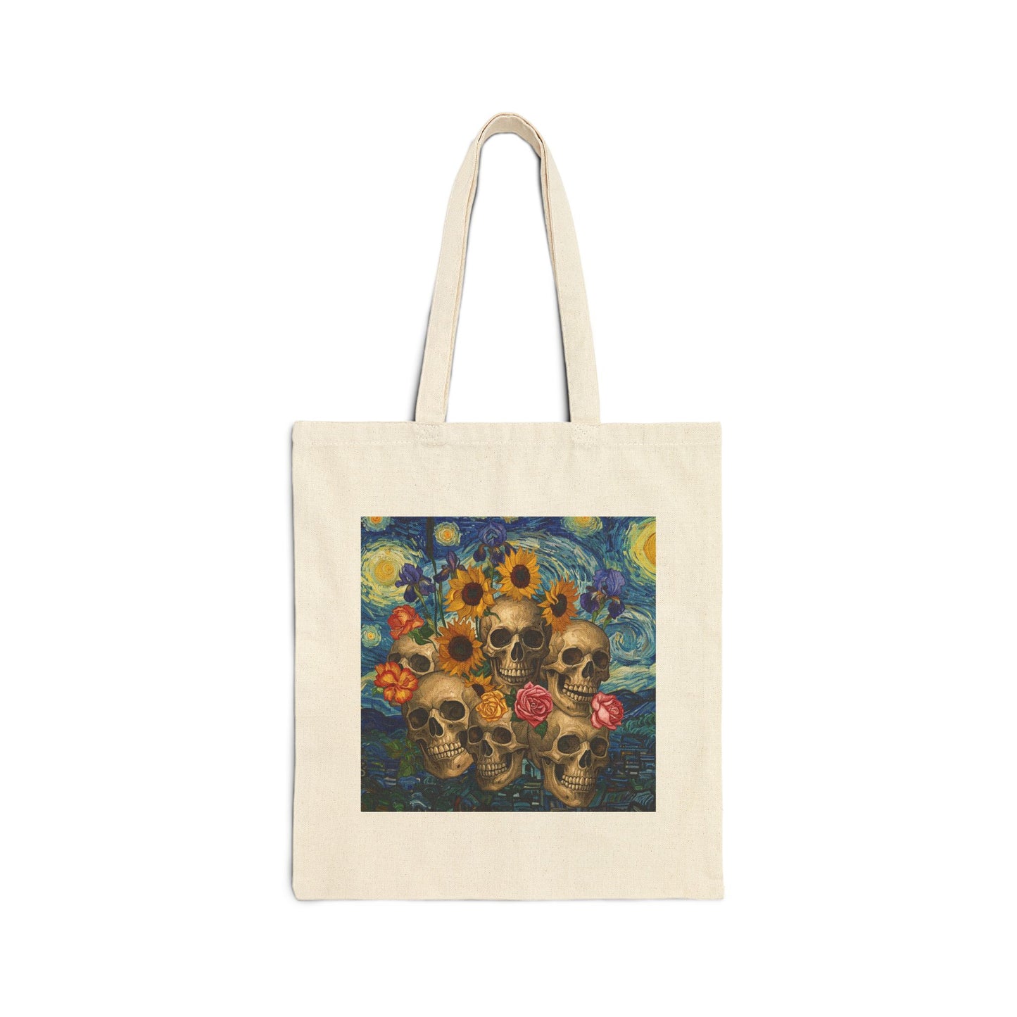 Canvas Tote Bag - Van Gogh Motorcycle Pinup and Skulls with Flowers Design