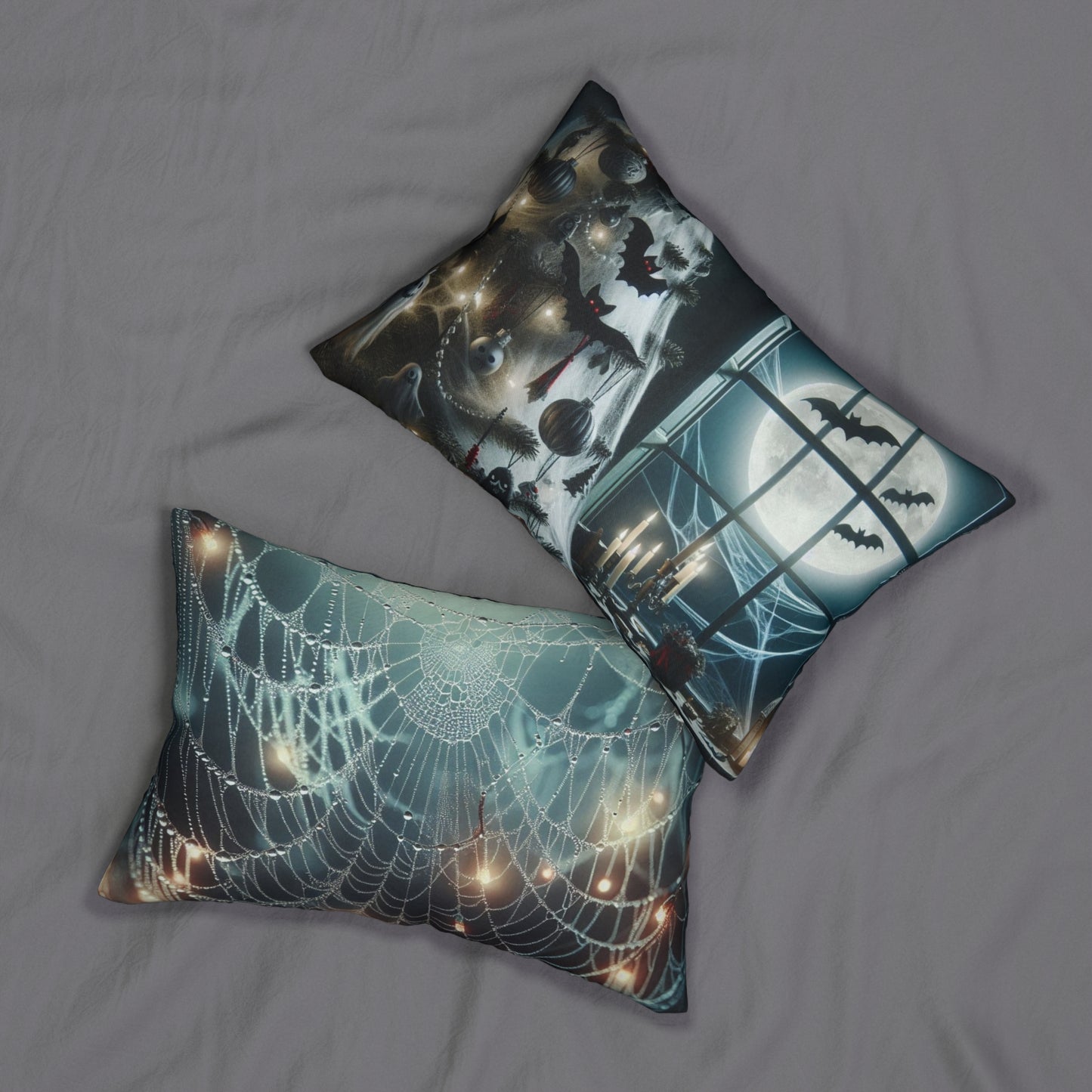 Halloween Themed Lumbar Pillow, Cozy Home Decor, Spooky Throw Pillow, Bat and Spider Web Design, Autumn Accent Pillow