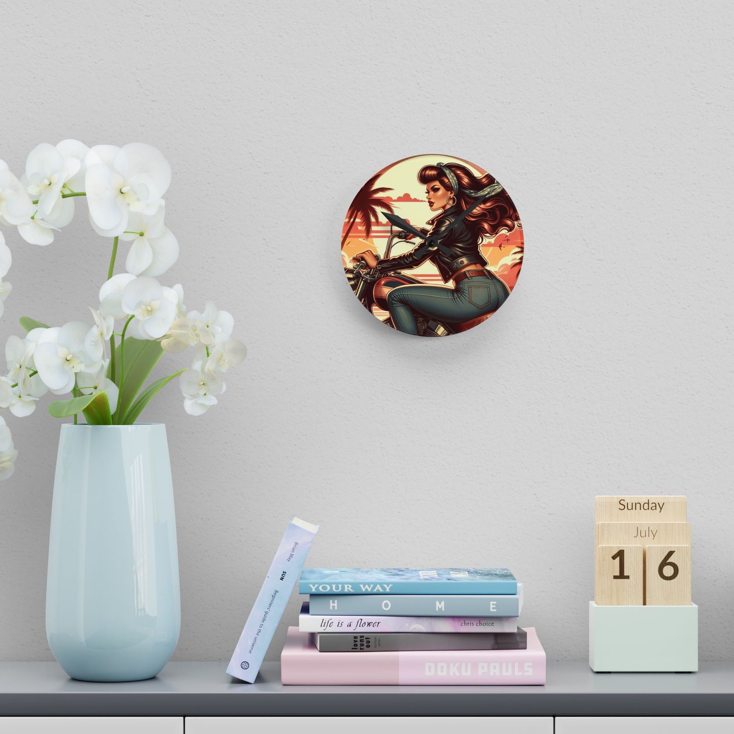 Acrylic Wall Clock - Girl Motorcycle Riding at the Beach
