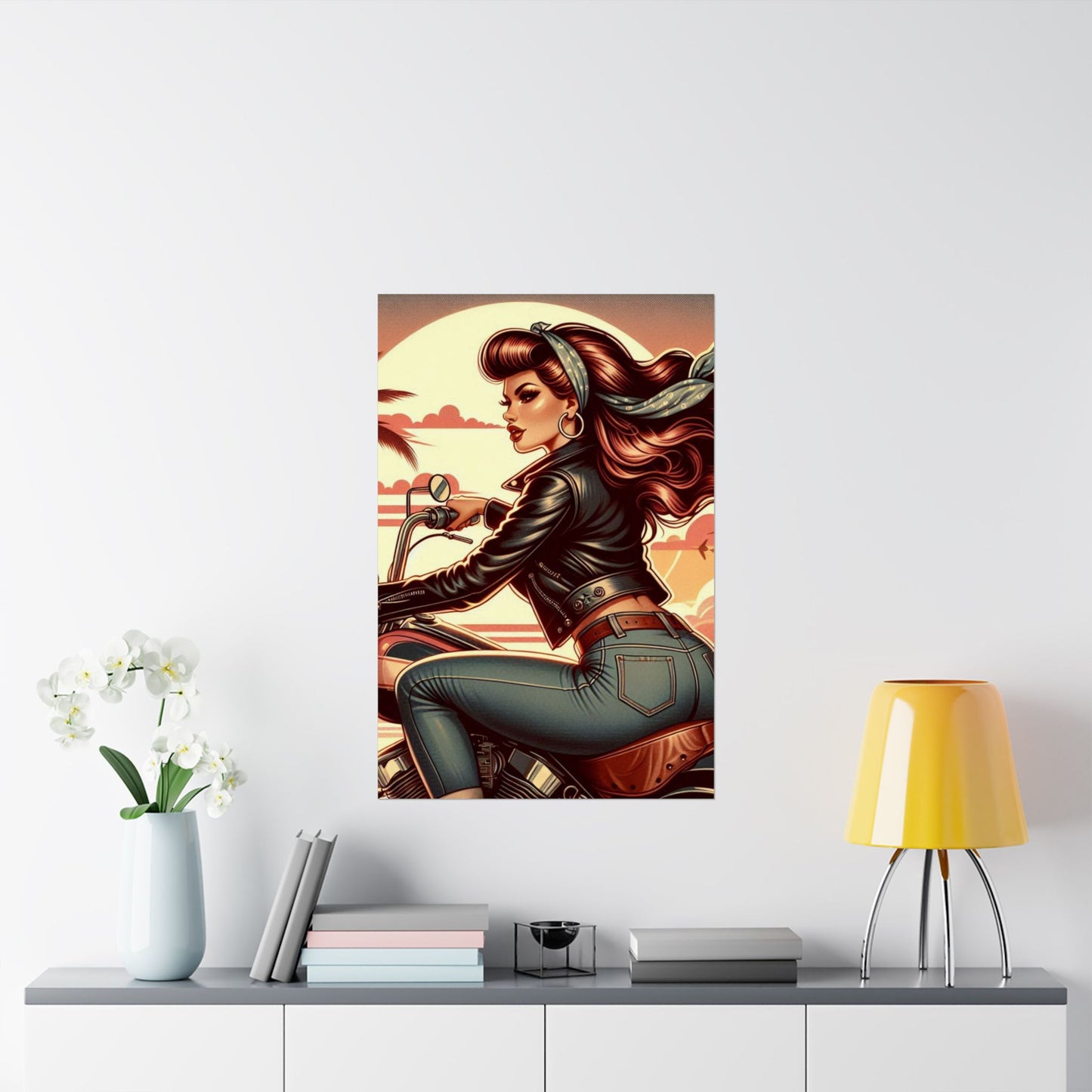 Poster- Motorcycle Pinup-Garage Decor-Man Cave-Retro Wall Art