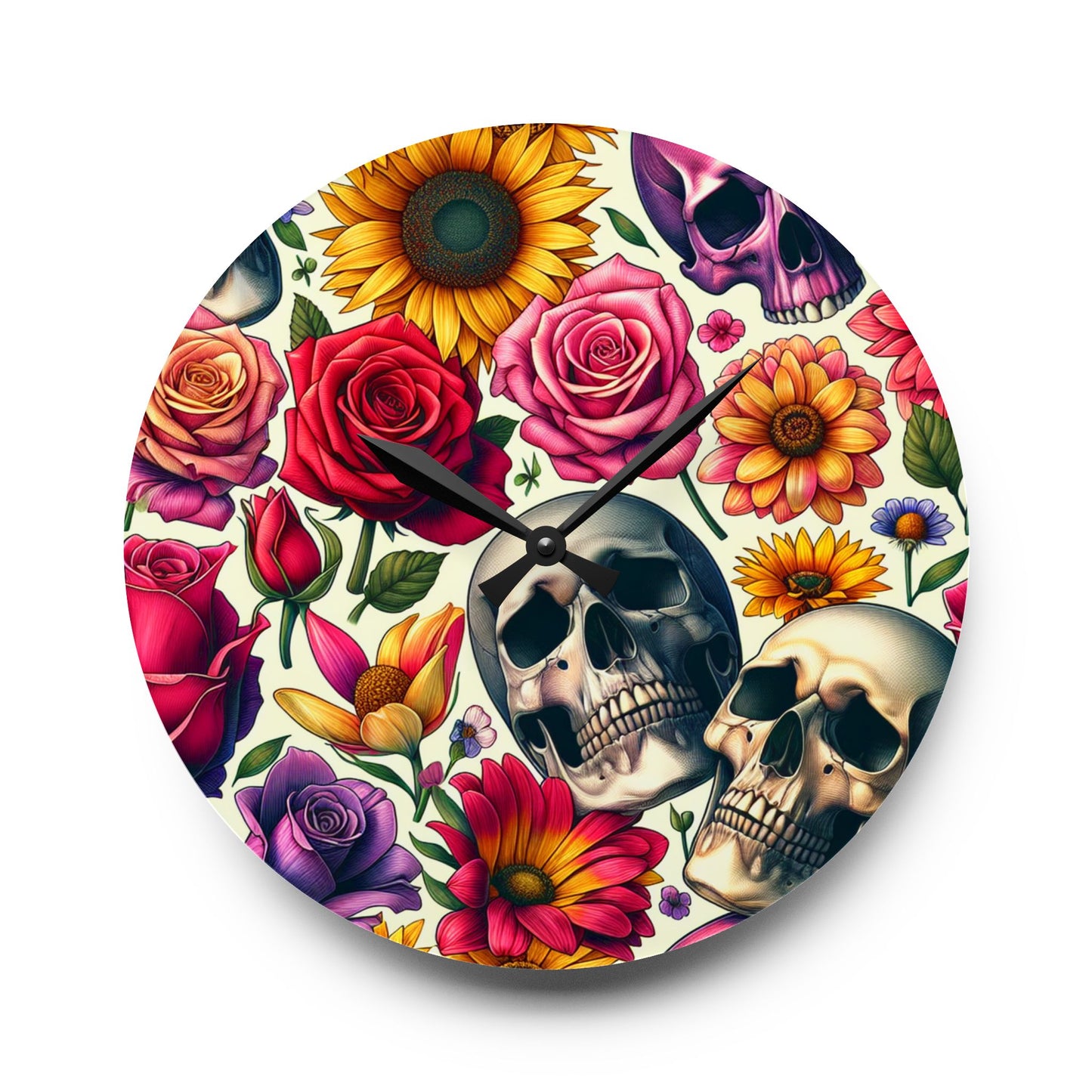 Acrylic Wall Clock-Skulls and Roses Pattern-Kitchen Clock