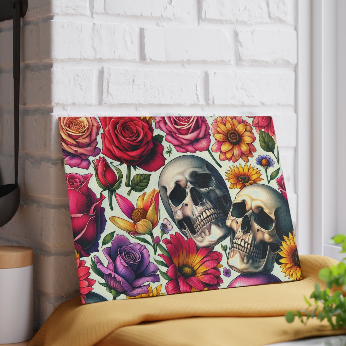 Glass Cutting Board –Floral Skull Gothic Boho Kitchen Decor & Gift