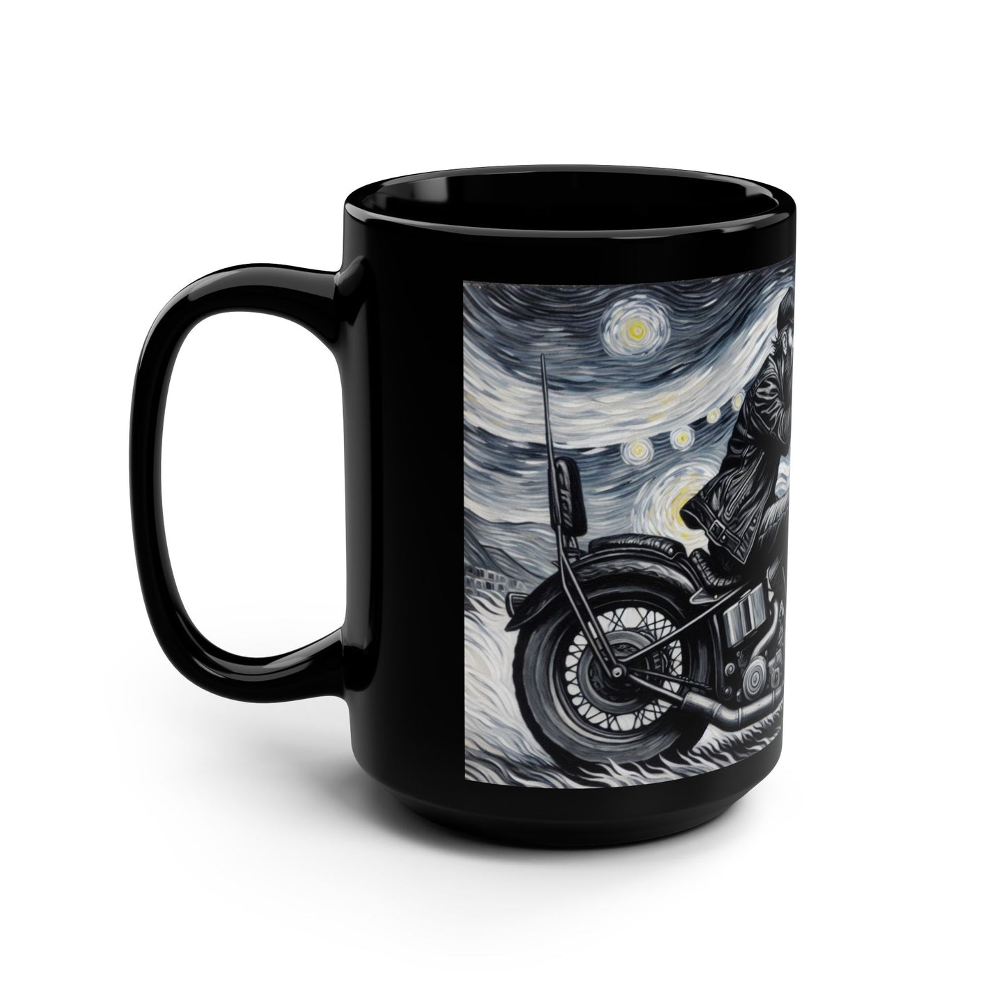 Starry Night Motorcycle Black Mug - 15oz Ceramic Coffee Cup for Bikers & Art Lovers