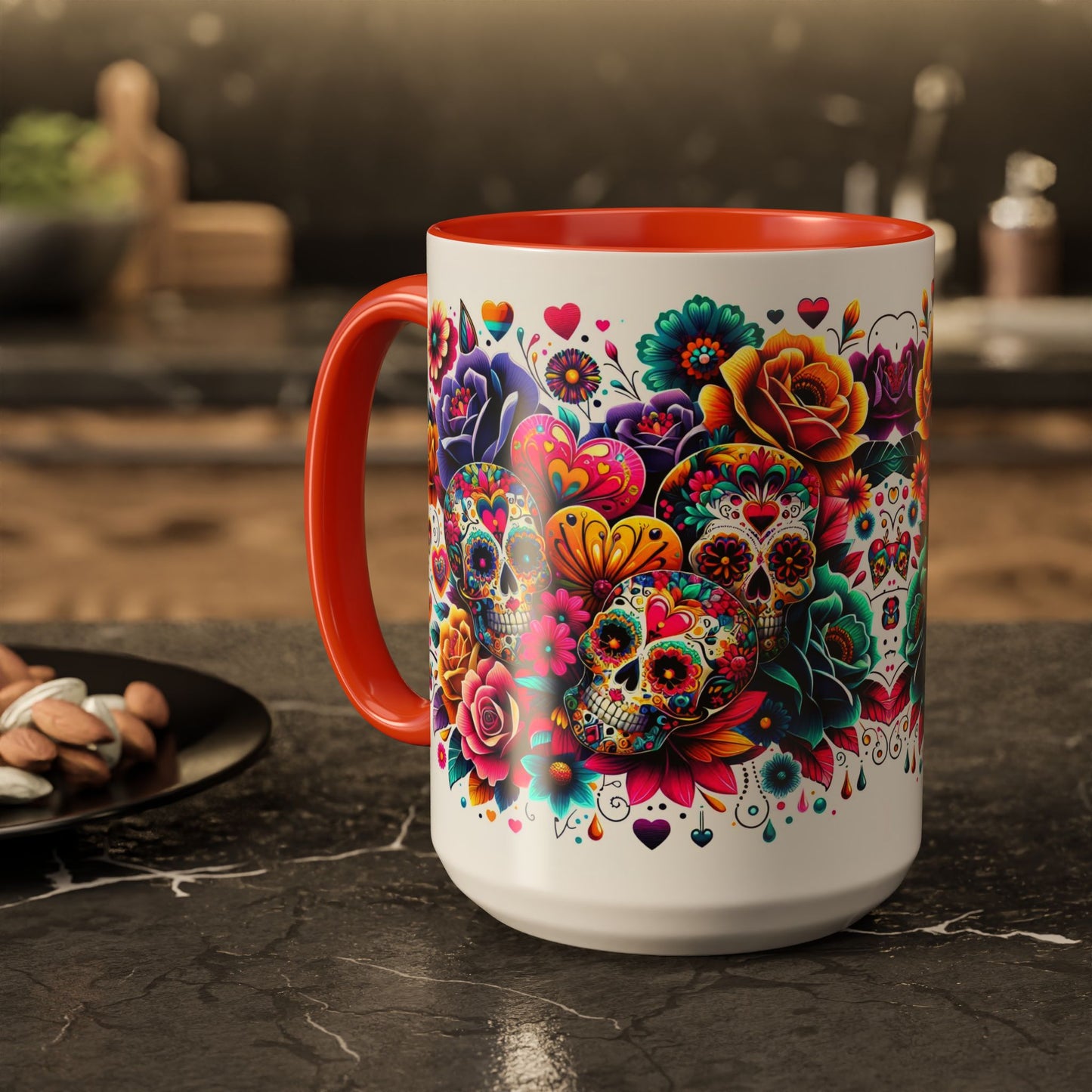 Mug-Flowers, Skulls and Hearts-Halloween meets Valentine's Day Coffee Cup