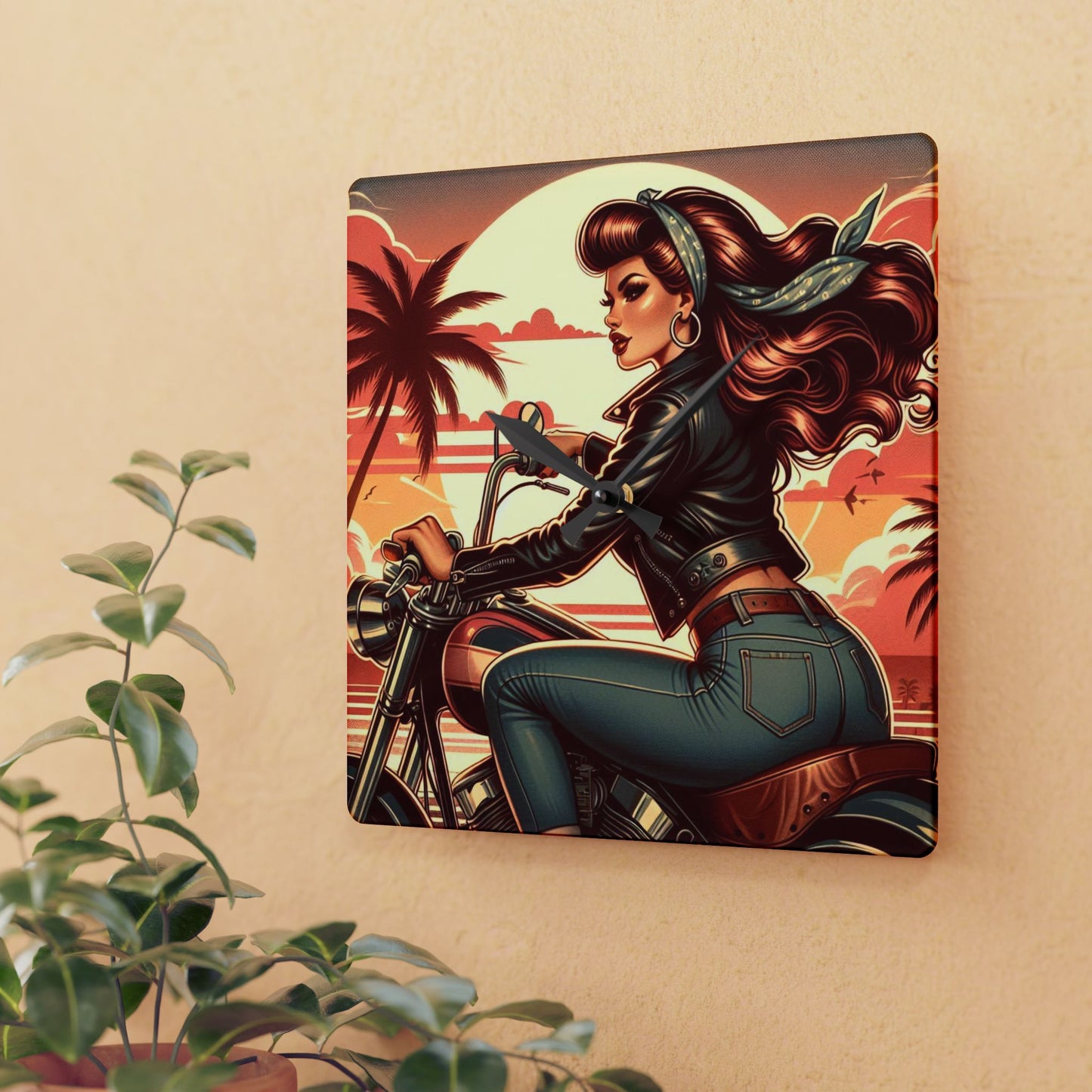 Acrylic Wall Clock - Girl Motorcycle Riding at the Beach