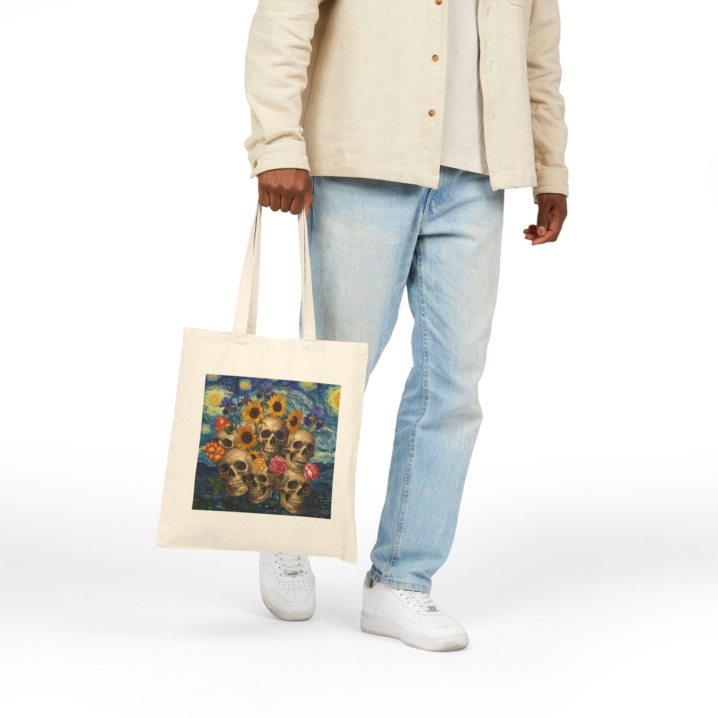 Canvas Tote Bag - Van Gogh Motorcycle Pinup and Skulls with Flowers Design