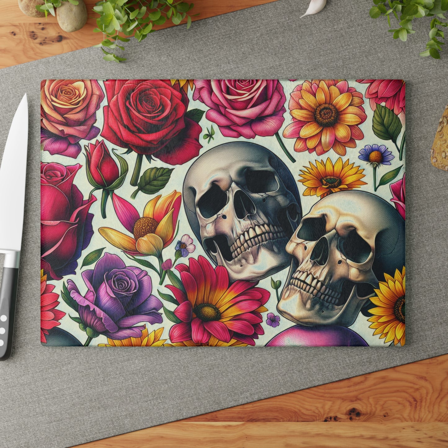 Glass Cutting Board –Floral Skull Gothic Boho Kitchen Decor & Gift