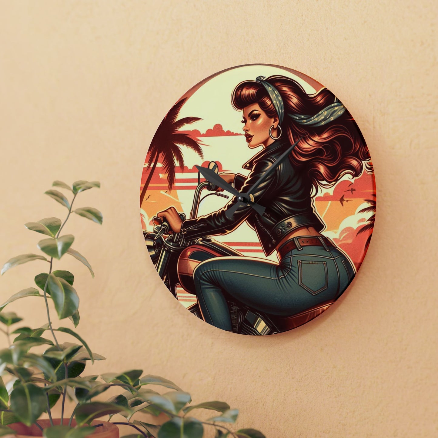 Acrylic Wall Clock - Girl Motorcycle Riding at the Beach