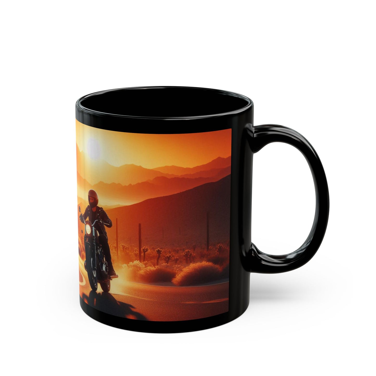 Mug: Motorcycle Ride at Sunrise- Black Coffee Cup