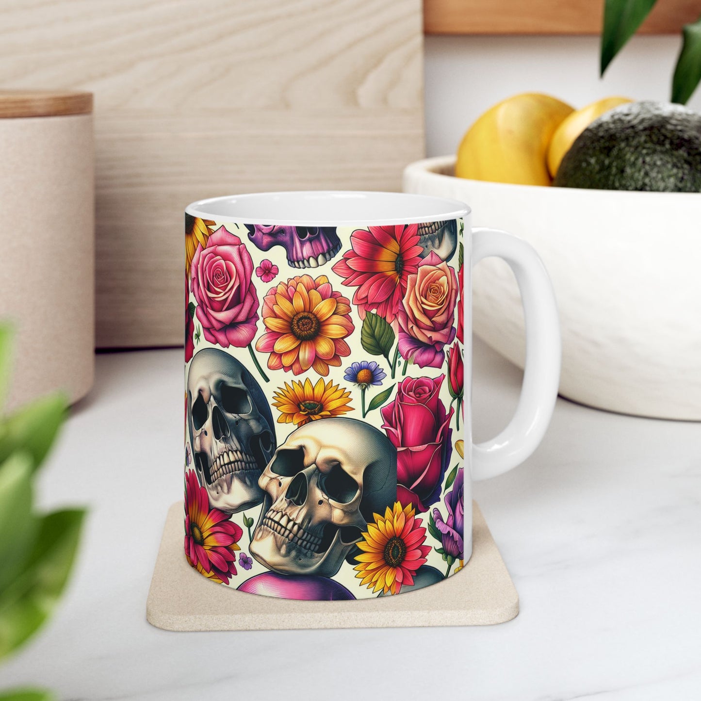 Stylish Floral Skull Mug, Unique Coffee Cup, Gothic Floral Drinkware, Perfect Gift for Birthdays, Home Decor, Halloween