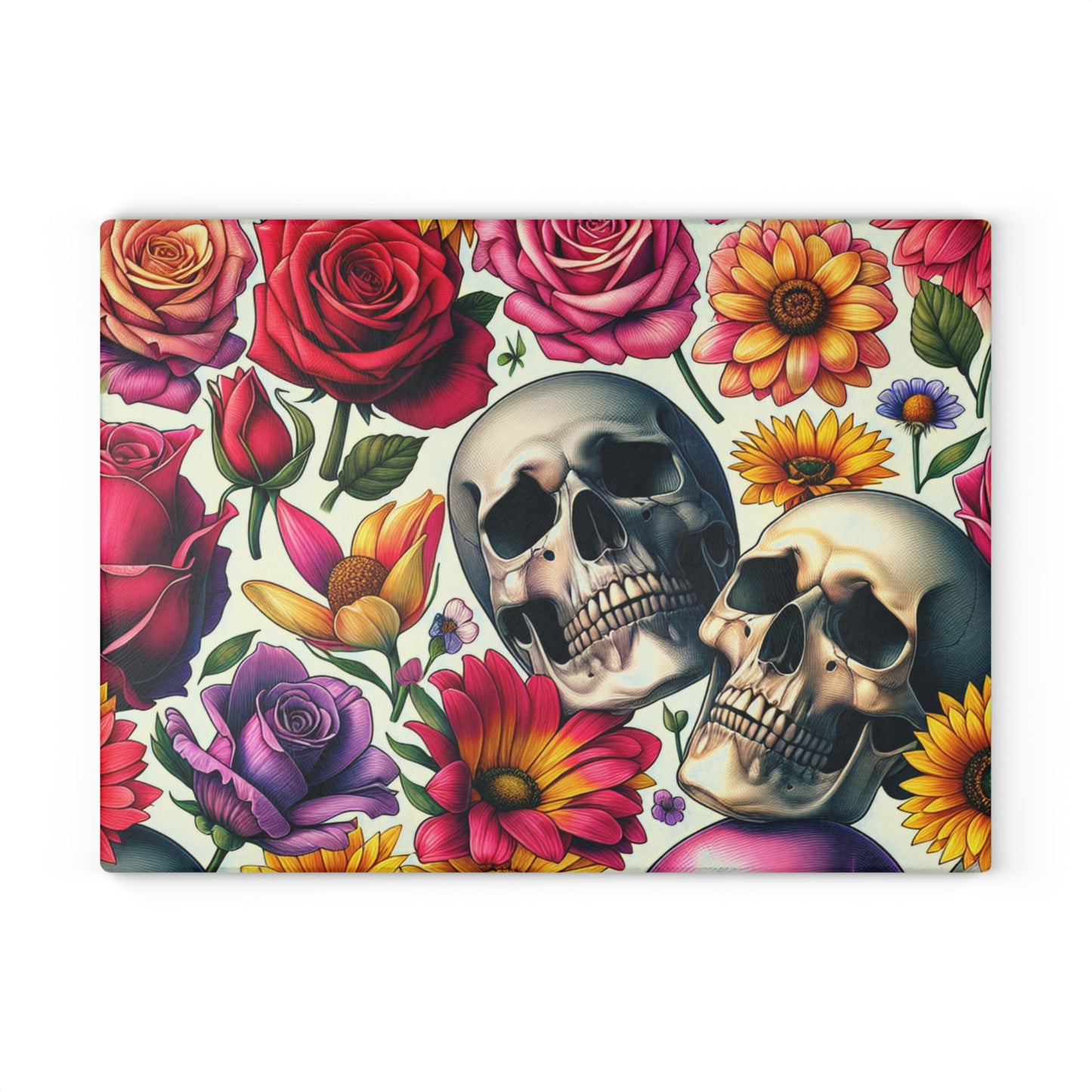 Glass Cutting Board –Floral Skull Gothic Boho Kitchen Decor & Gift