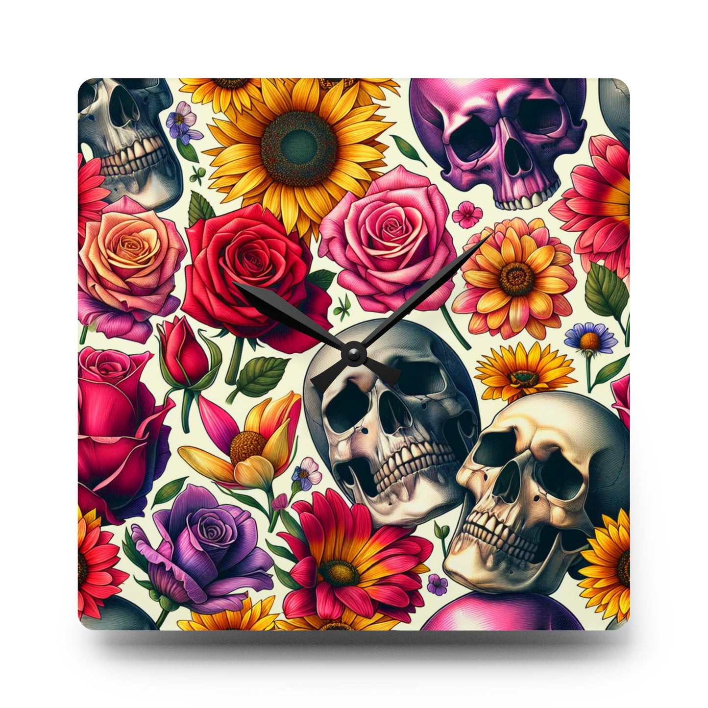 Acrylic Wall Clock-Skulls and Roses Pattern-Kitchen Clock