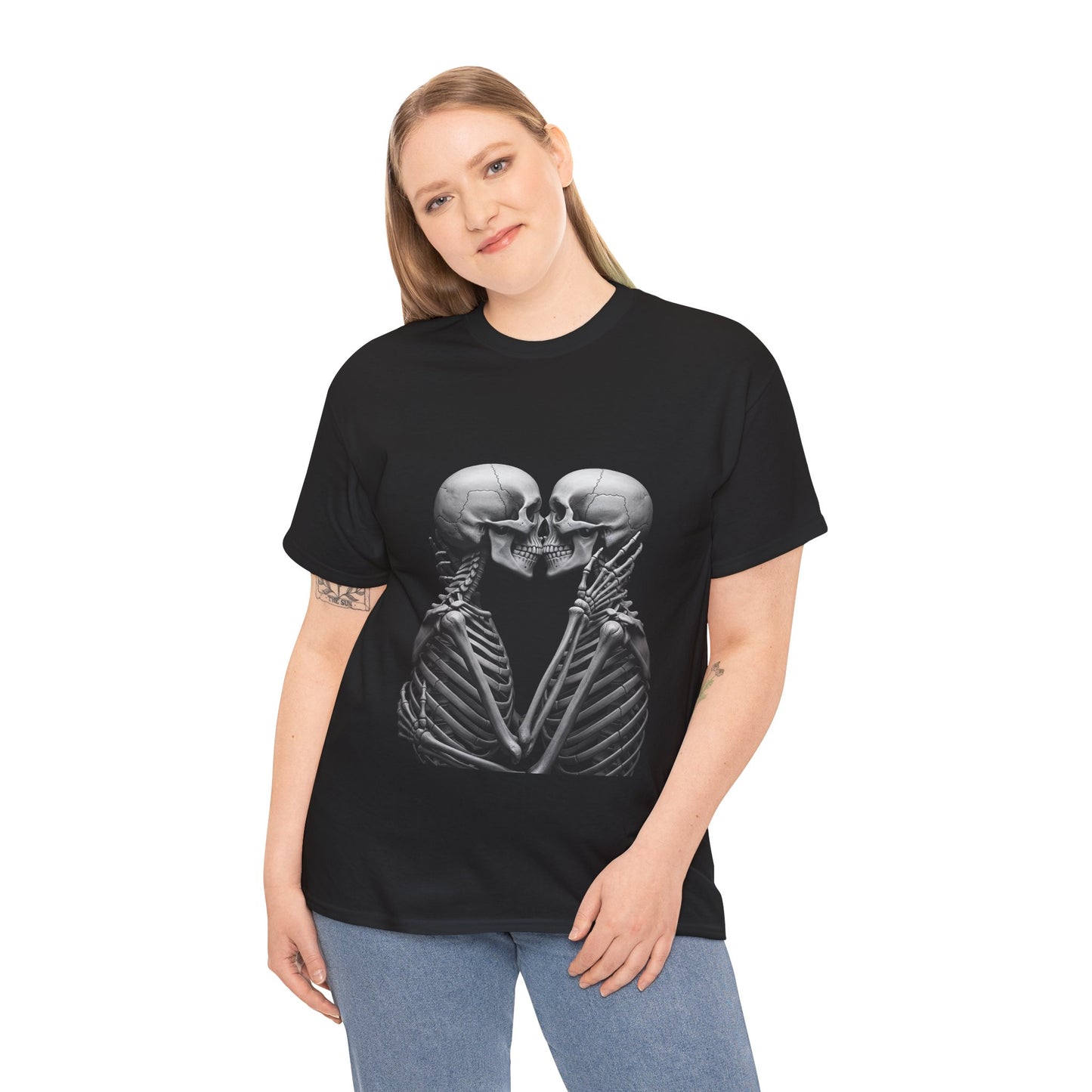 Romantic Skeleton Kiss Tee, Unisex Graphic T-Shirt, Funny Halloween Shirt, Spooky Couple Gift, Skeleton Lovers Apparel