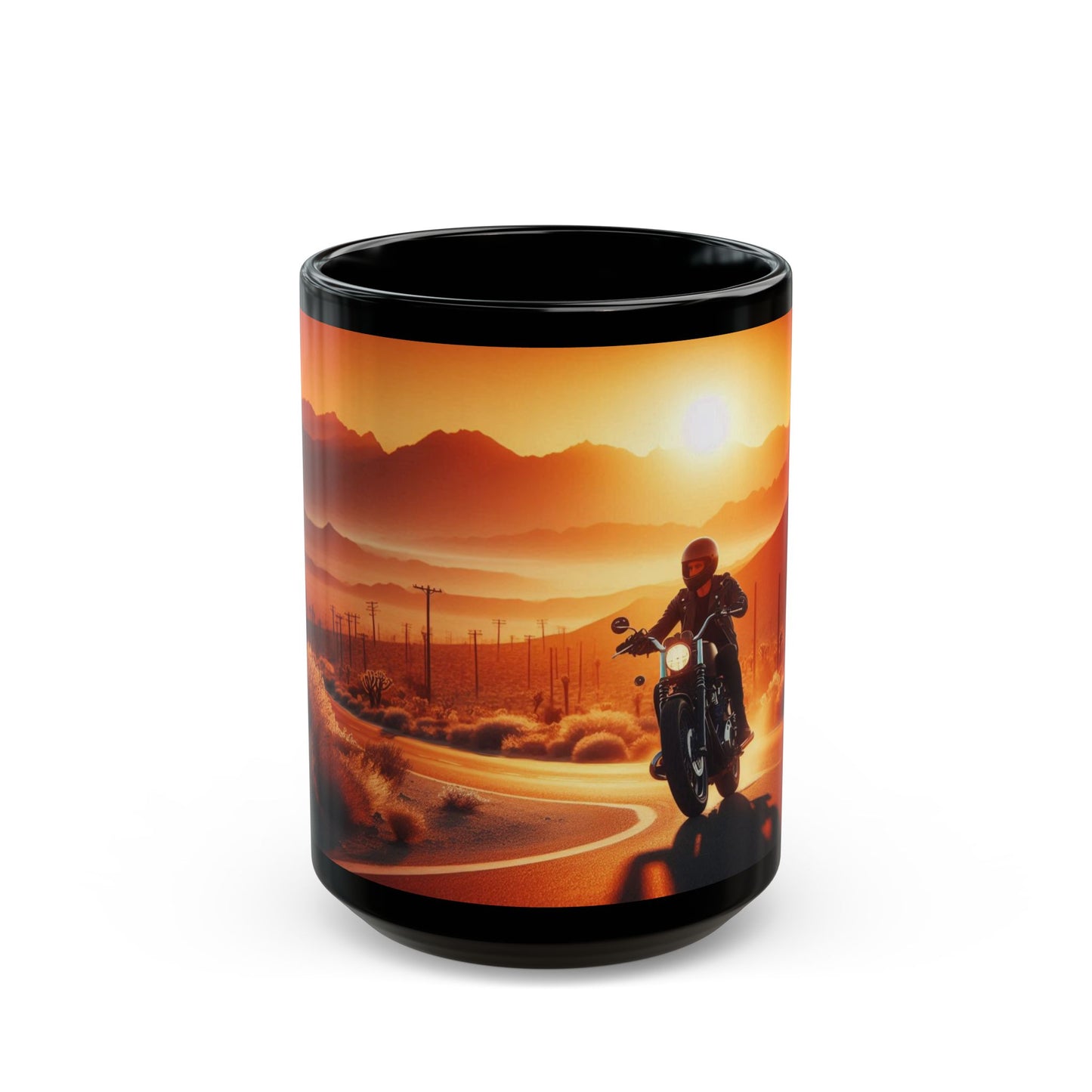 Mug: Motorcycle Ride at Sunrise- Black Coffee Cup