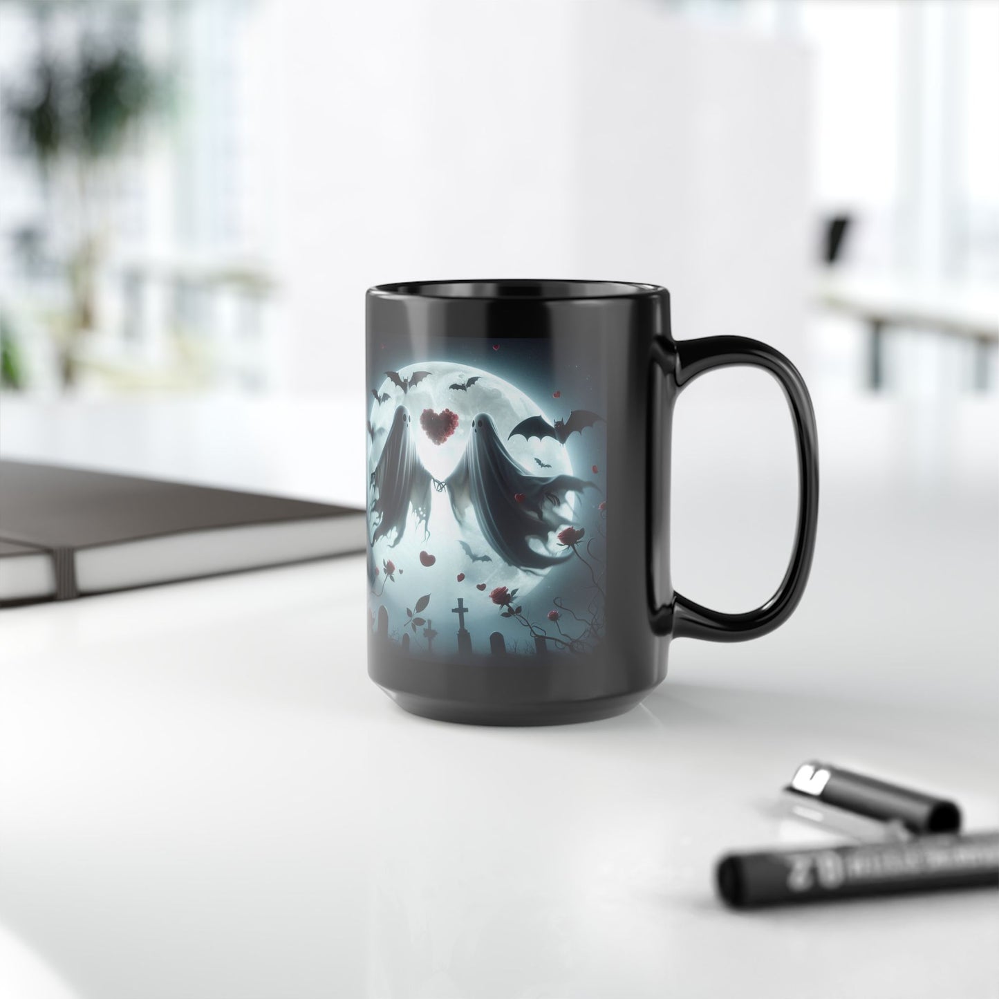 Mug - Halloween and Valentines Mix - Ghost Bride & Groom, Flowers, Bats, Hearts - 15oz