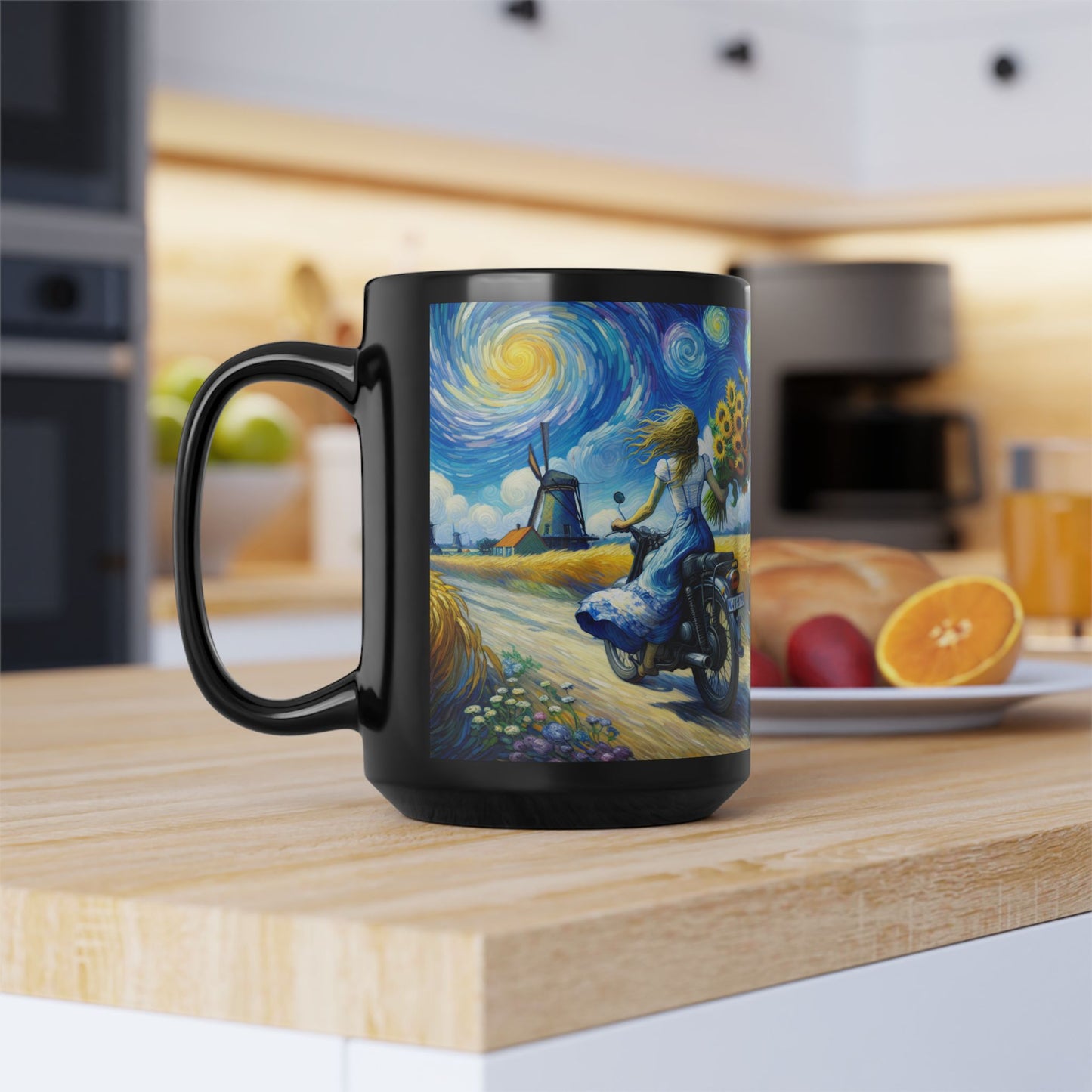 Van Gogh Inspired Artistic 15oz Black Mug - Vintage Inspired Sunflower & Motorcycle Design