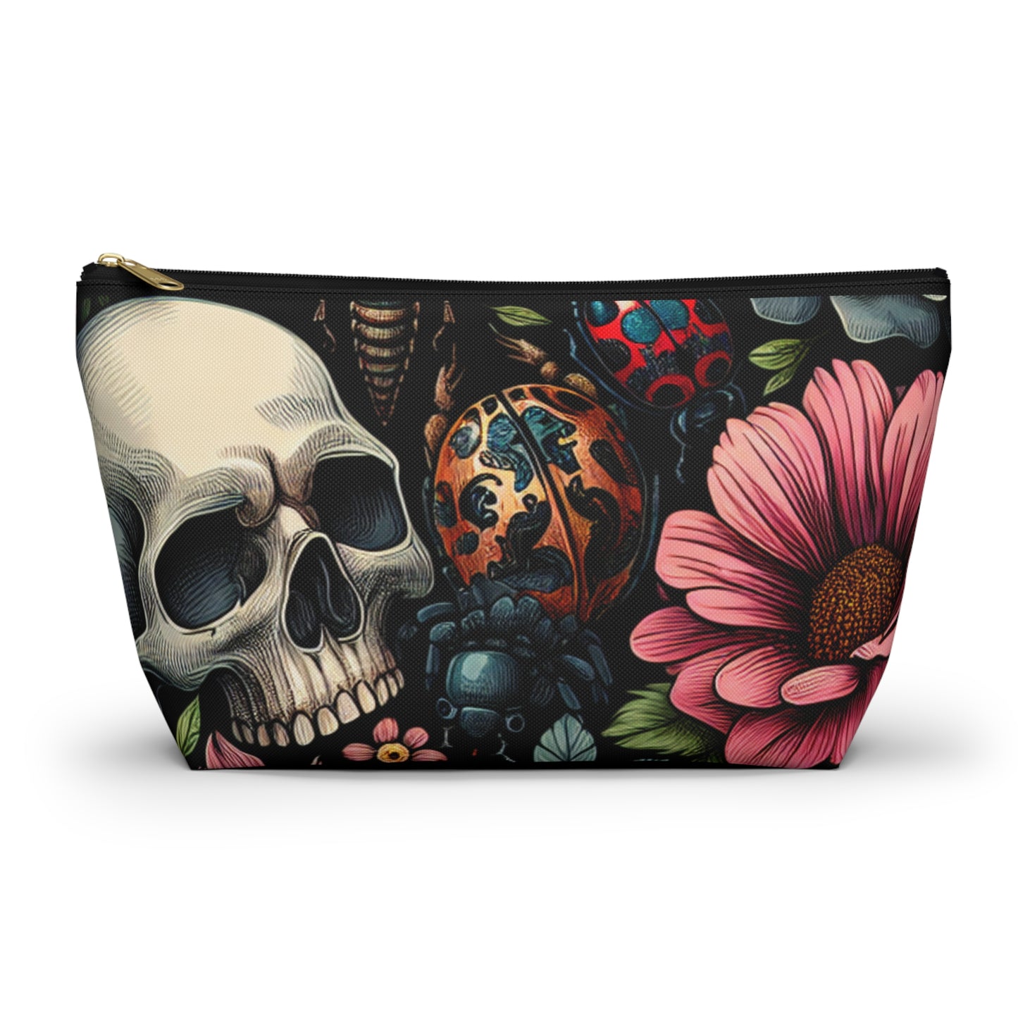 Gothic Floral Accessory Pouch, Makeup Bag, Travel Organizer, Gift for Her, Skull Design, Halloween Accessories, Motorcycle Bag