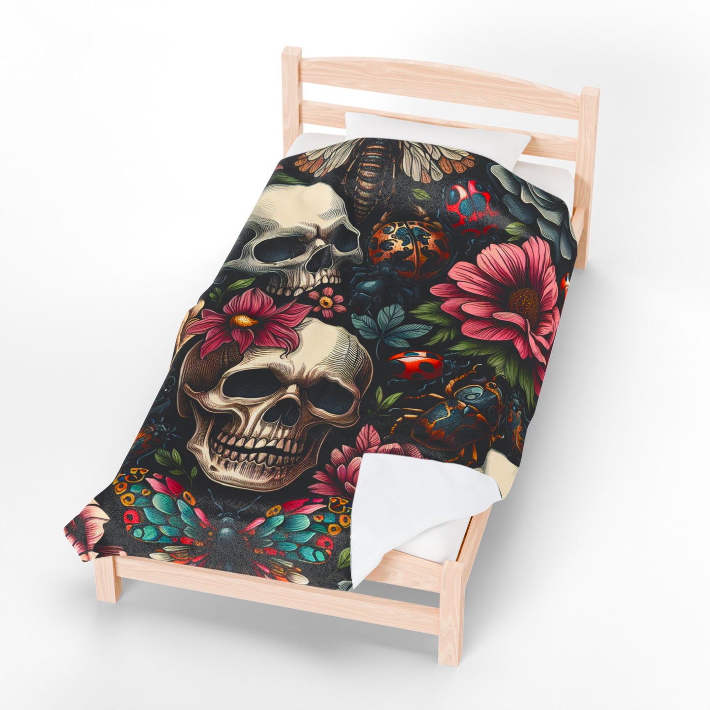 Gothic Floral Velveteen Plush Blanket, Cozy Skull Throw, Unique Home Decor, Halloween Blanket, Boho Chic Gift, Dark Aesthetic